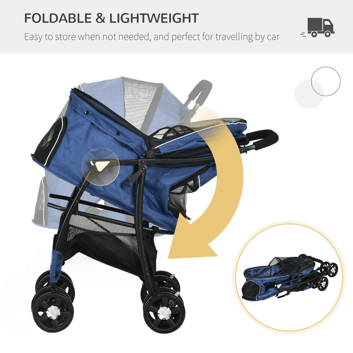 Compact Folding Pet Stroller - Large Carriage & Brakes for Small Sized Dogs, PawHut, Dark Blue