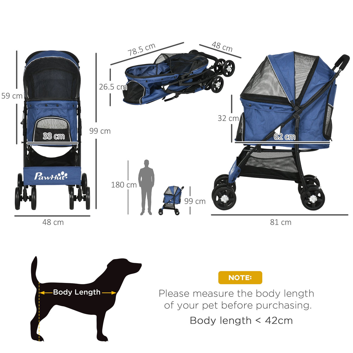 Compact Folding Pet Stroller - Large Carriage & Brakes for Small Sized Dogs, PawHut, Dark Blue