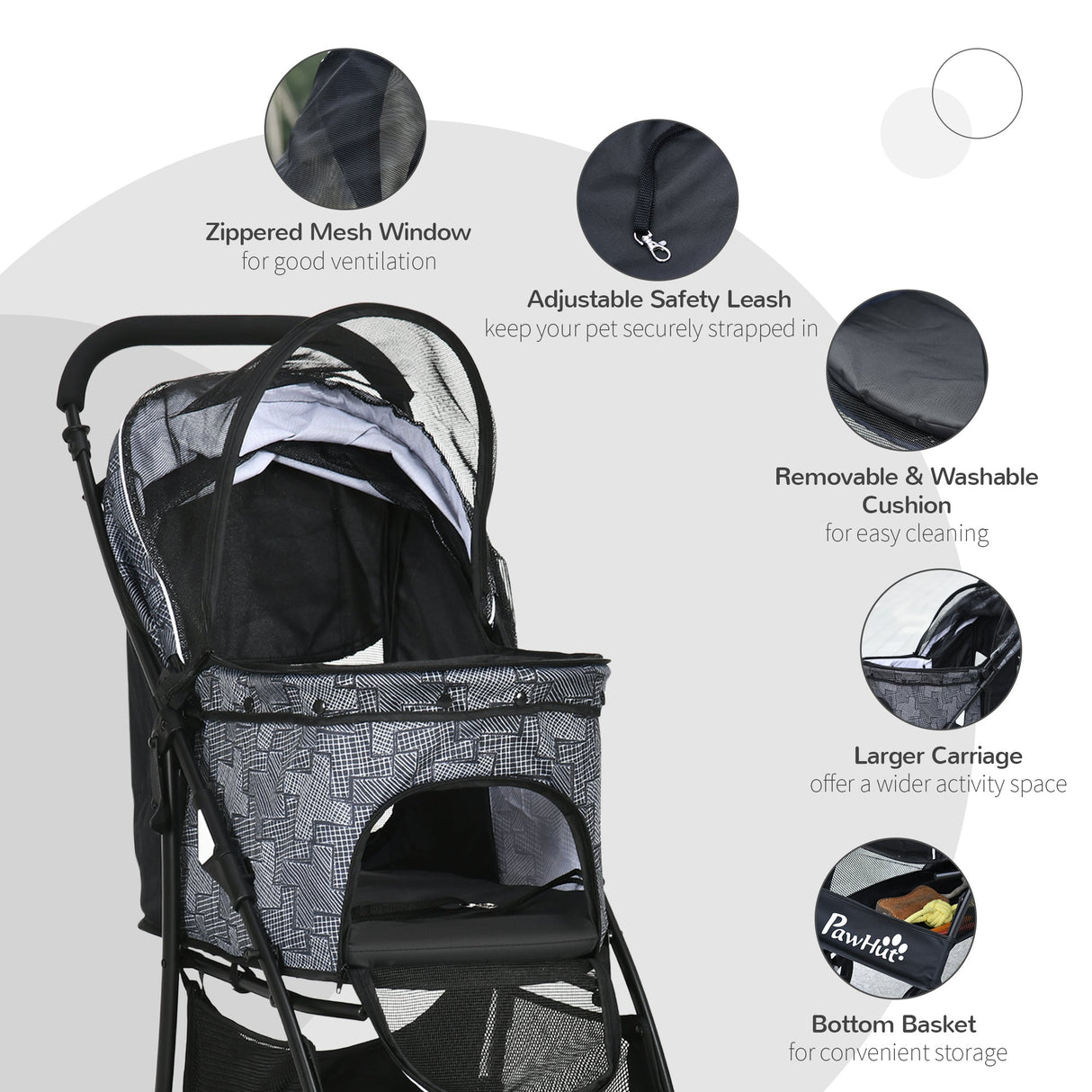 Compact Folding Pet Stroller - Large Carriage & Brakes for Small Sized Dogs, PawHut, Grey