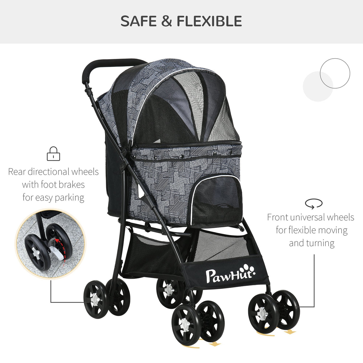 Compact Folding Pet Stroller - Large Carriage & Brakes for Small Sized Dogs, PawHut, Grey