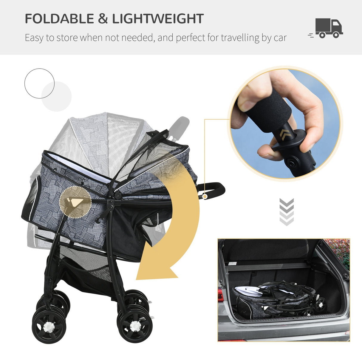 Compact Folding Pet Stroller - Large Carriage & Brakes for Small Sized Dogs, PawHut, Grey