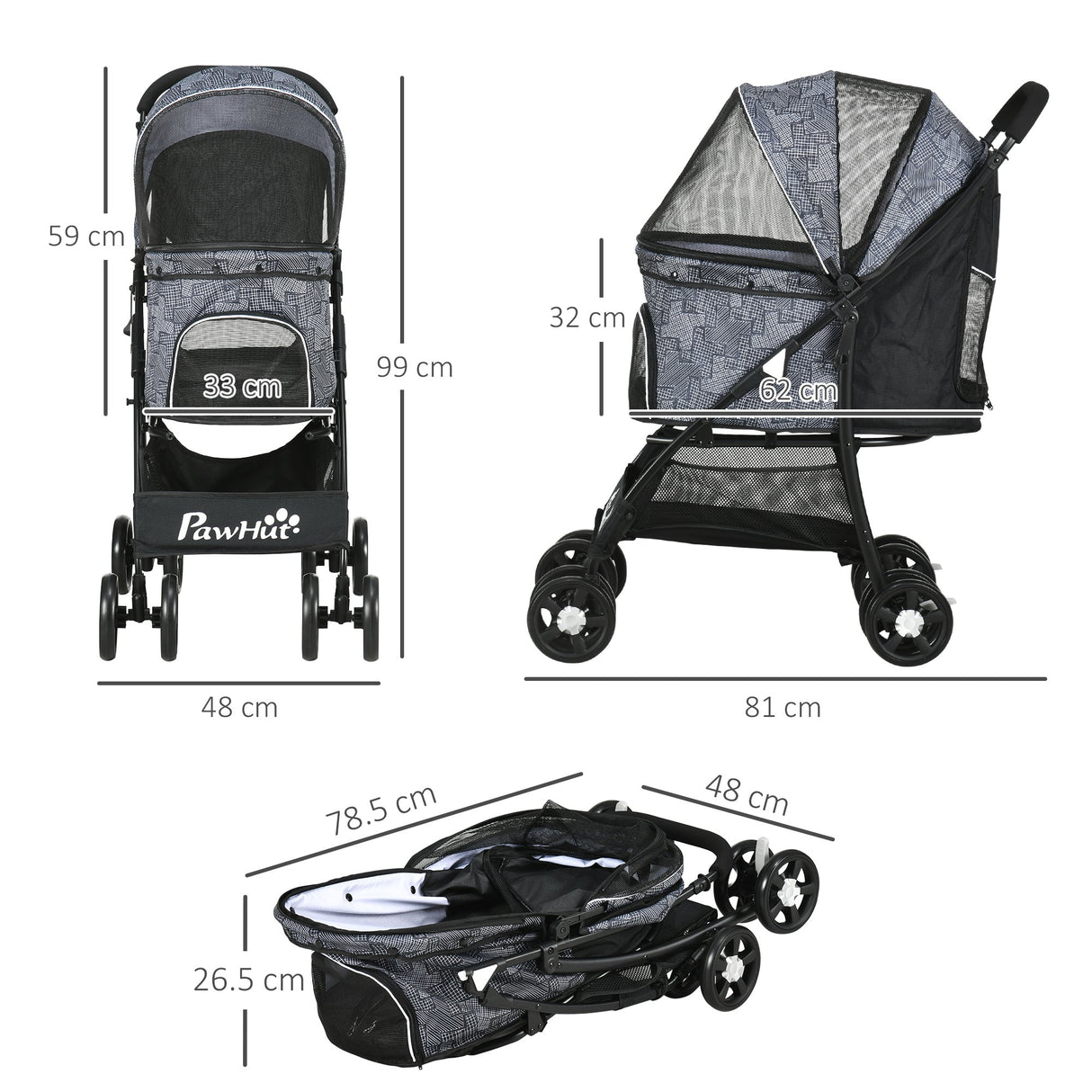 Compact Folding Pet Stroller - Large Carriage & Brakes for Small Sized Dogs, PawHut, Grey