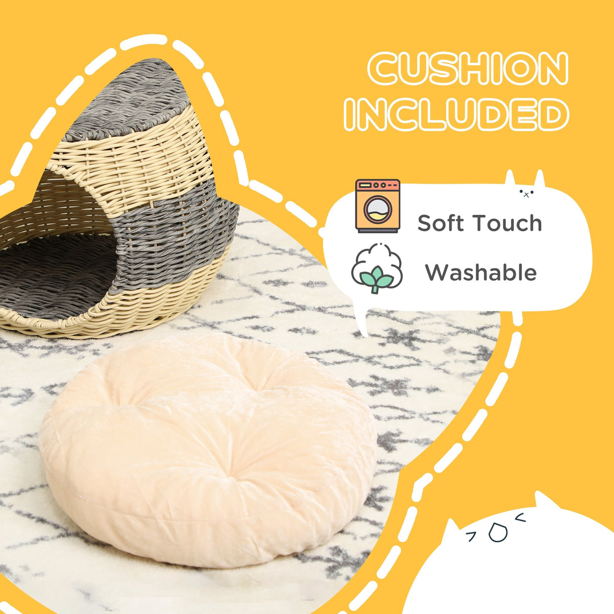 Cosy Rattan Cat Cave: Stylish Raised Bed with Cushion, PawHut,