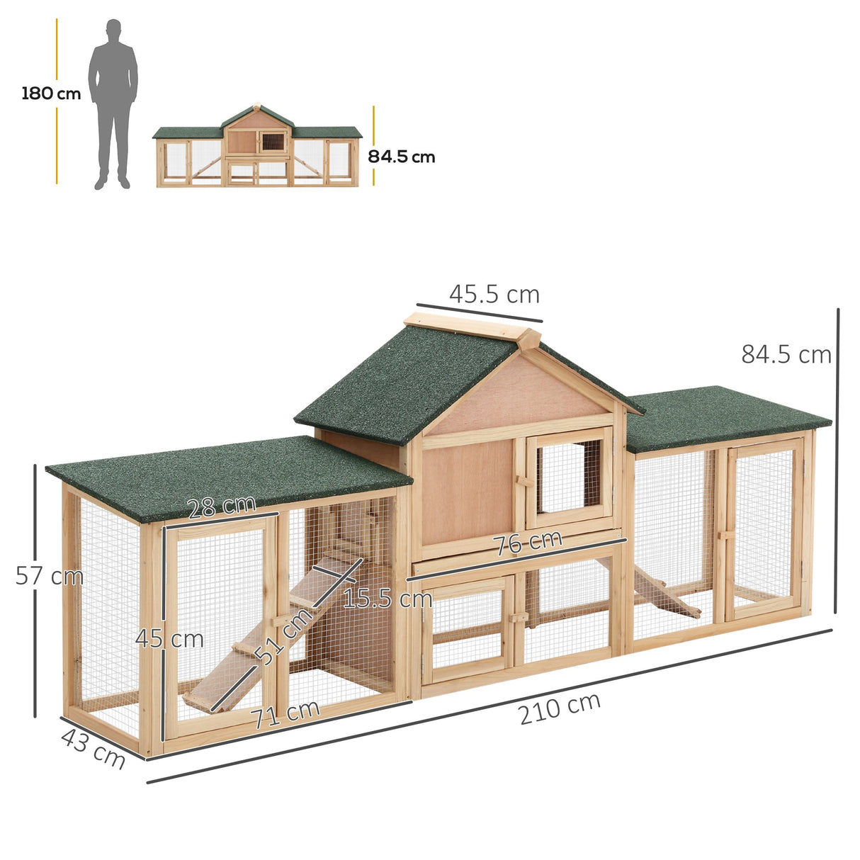 Deluxe Rabbit Hutch Outdoor, Wooden Guinea Pig Hutch, Two-Storey Bunny House with Ladder Rabbit Run Box Slide-out Tray 210 x 45.5 x 84.5 cm, PawHut,
