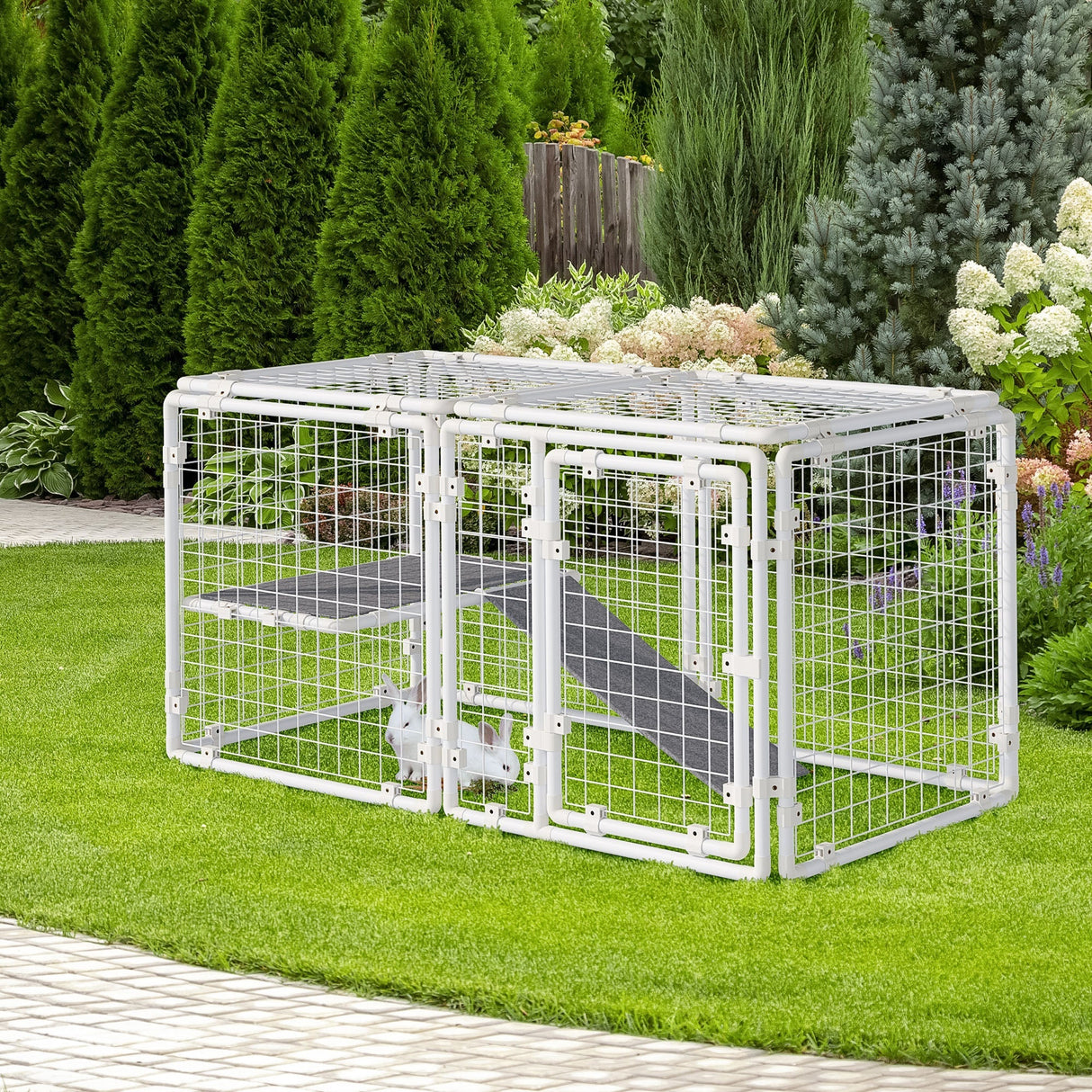 DIY Rabbit Hutch, 9PCs Guinea Pig Hutch, Large Bunny Cage with Door, Ladder, Divider for Small Animals, PawHut,