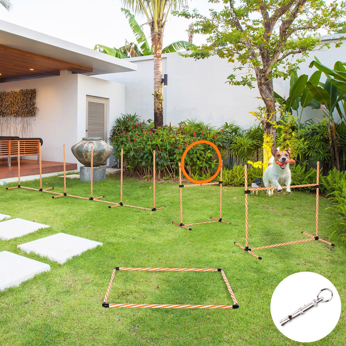 Dog Agility Training Set with Adjustable Height Jump Ring, High Jumper, Weave Poles, Square Pause Box, Carry Bag, Whistle, PawHut,