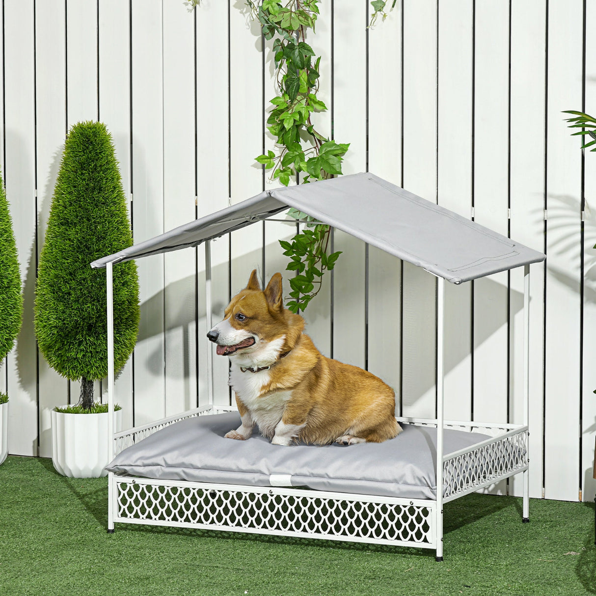 Dog Bed with Water-Resistant Sun Canopy, Elevated Dog Bed with Soft Cushion, for Indoors, Outdoors, Small, Medium Dogs, PawHut,