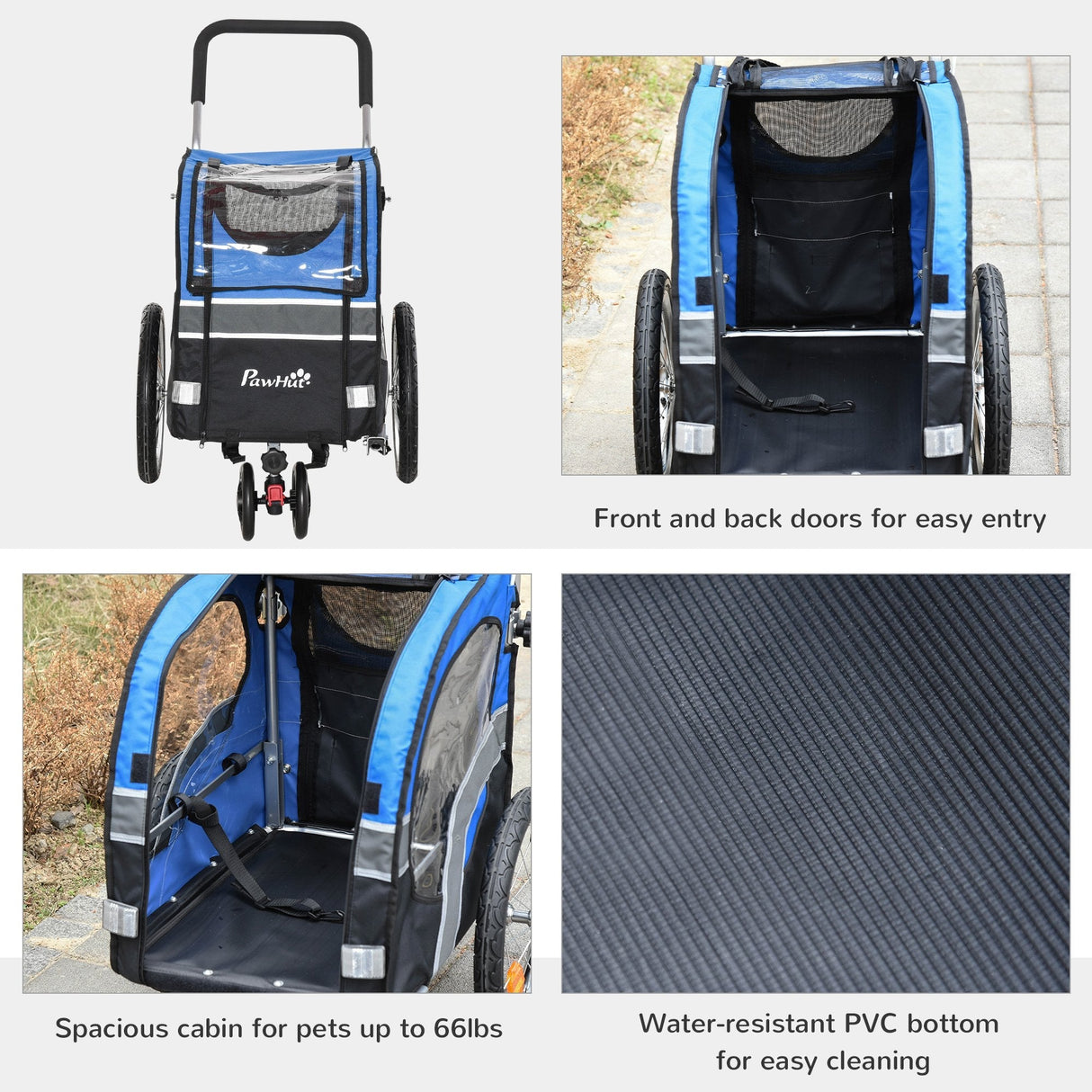 Dog Bike Trailer 2-in-1 Pet Cart Carrier Stroller Pushchair for Bicycle with 360° Rotatable Front Wheel Reflectors Weather Resistant Blue, PawHut,