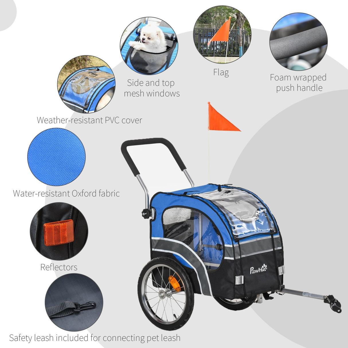 Dog Bike Trailer 2-in-1 Pet Cart Carrier Stroller Pushchair for Bicycle with 360° Rotatable Front Wheel Reflectors Weather Resistant Blue, PawHut,