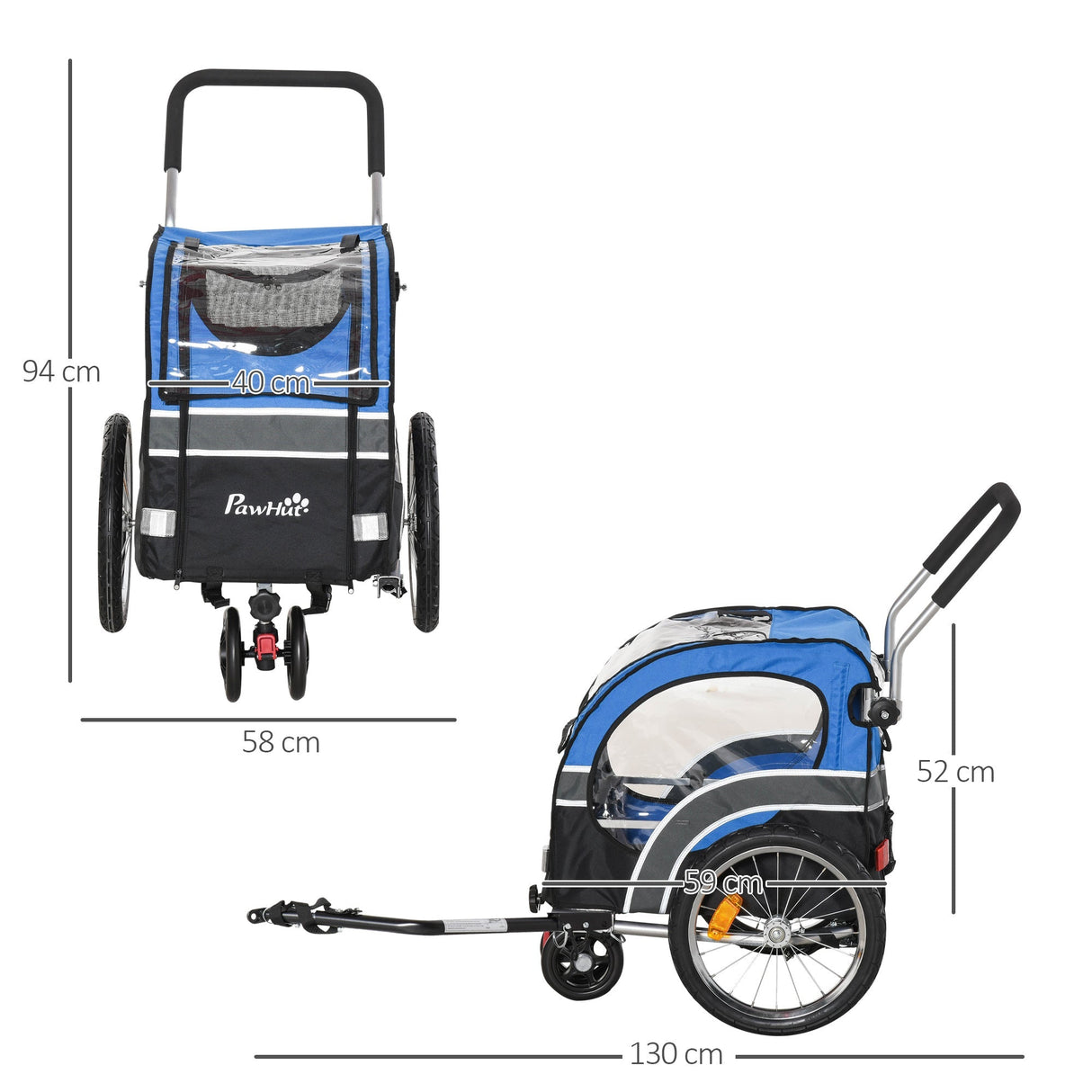 Dog Bike Trailer 2-in-1 Pet Cart Carrier Stroller Pushchair for Bicycle with 360° Rotatable Front Wheel Reflectors Weather Resistant Blue, PawHut,