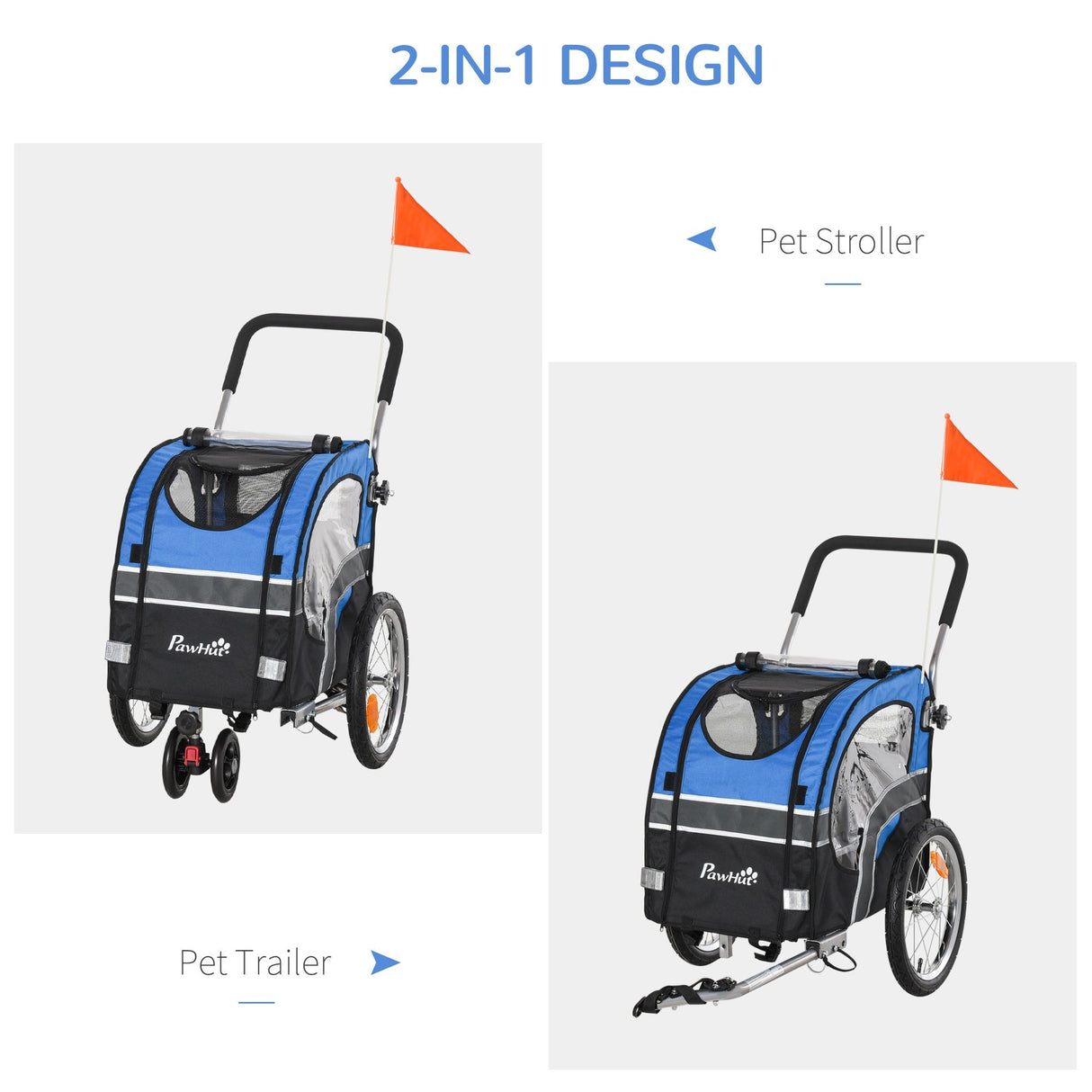 Dog Bike Trailer 2-in-1 Pet Cart Carrier Stroller Pushchair for Bicycle with 360° Rotatable Front Wheel Reflectors Weather Resistant Blue, PawHut,