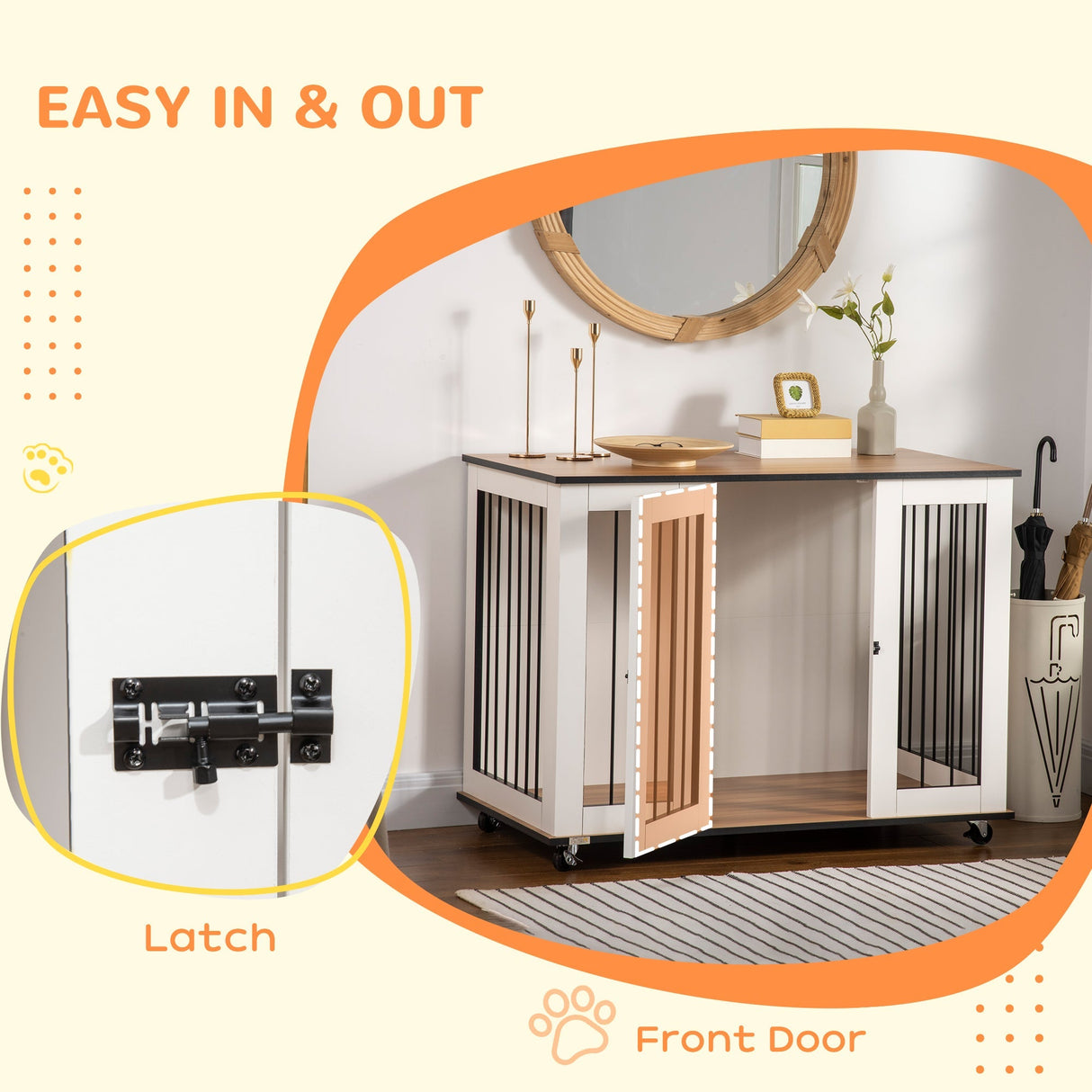 Dog Crate End Table with Wheels - White, for Medium Dogs, PawHut,