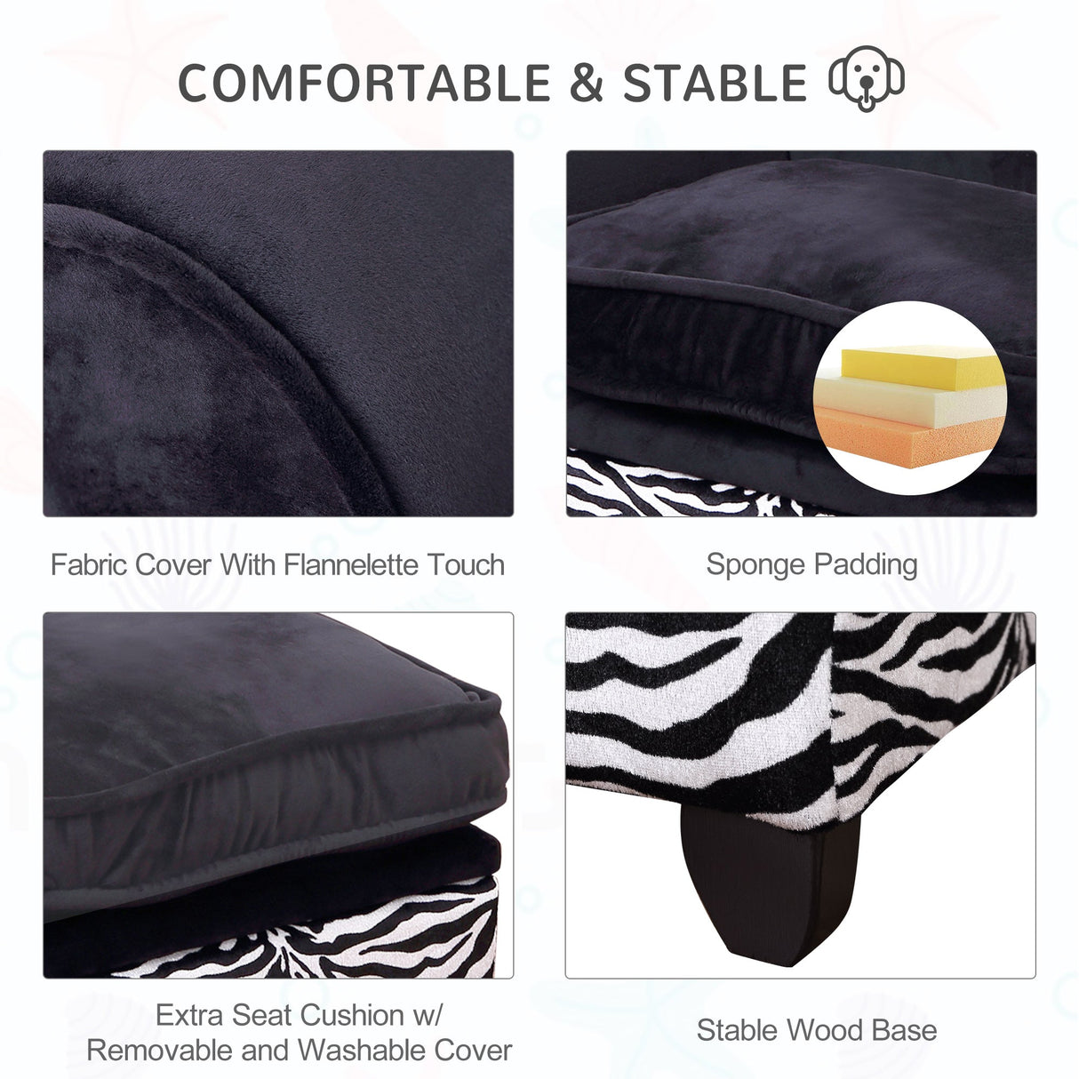 Dog or Cat Sofa Bed for XS-Sized Dogs with Hidden Under Seat Storage, Removable Soft Cushion, Thick Sponge, Wooden Frame, PawHut,