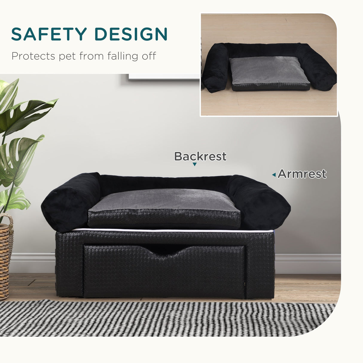 Dog Sofa Bed with Storage Drawer, Elevated Dog Couch for Small Dogs, with Soft Cushion, Removable and Washable Cover, Black, PawHut,