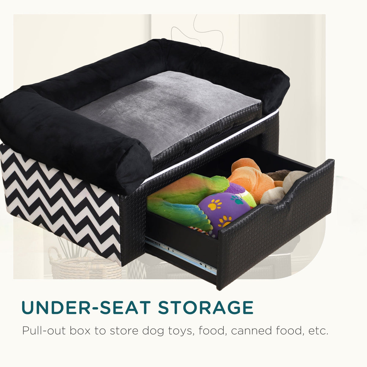 Dog Sofa Bed with Storage Drawer, Elevated Dog Couch for Small Dogs, with Soft Cushion, Removable and Washable Cover, Black, PawHut,