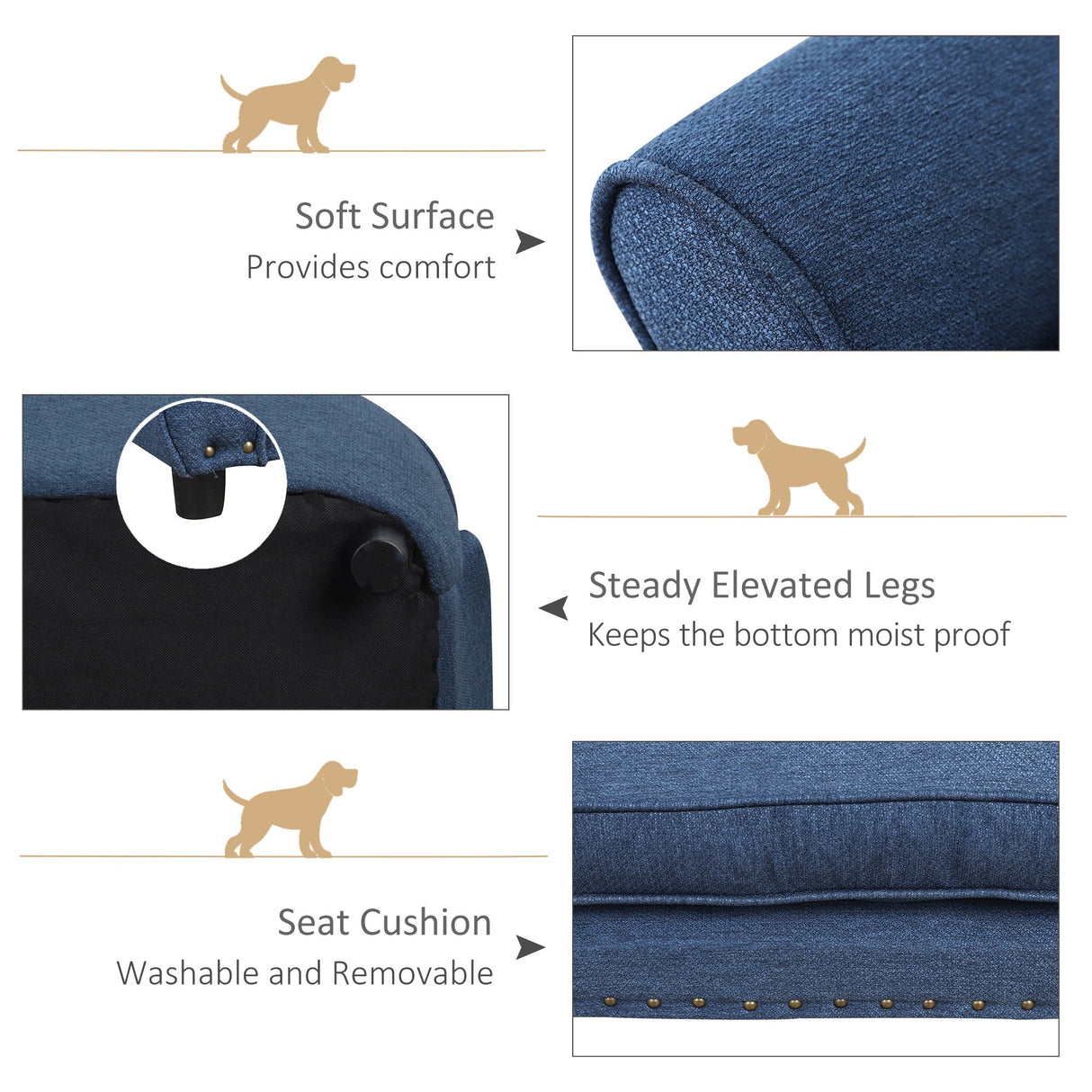 Dog Sofa for XS and S-Size Dogs with Thick Sponge Padded Cushion, Kitten Lounge Bed with Washable Cover, Wooden Frame, PawHut, Blue