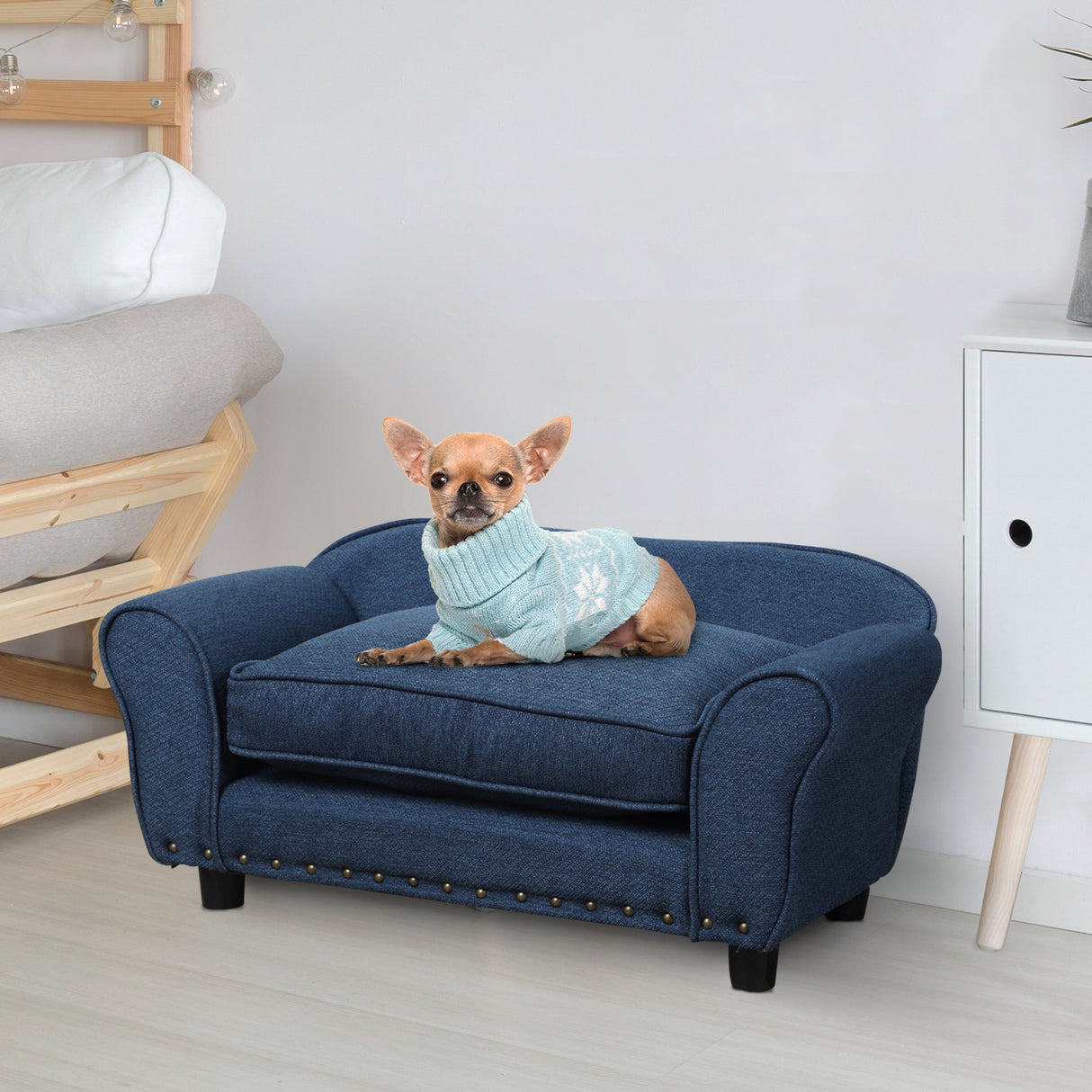 Dog Sofa for XS and S-Size Dogs with Thick Sponge Padded Cushion, Kitten Lounge Bed with Washable Cover, Wooden Frame, PawHut, Blue