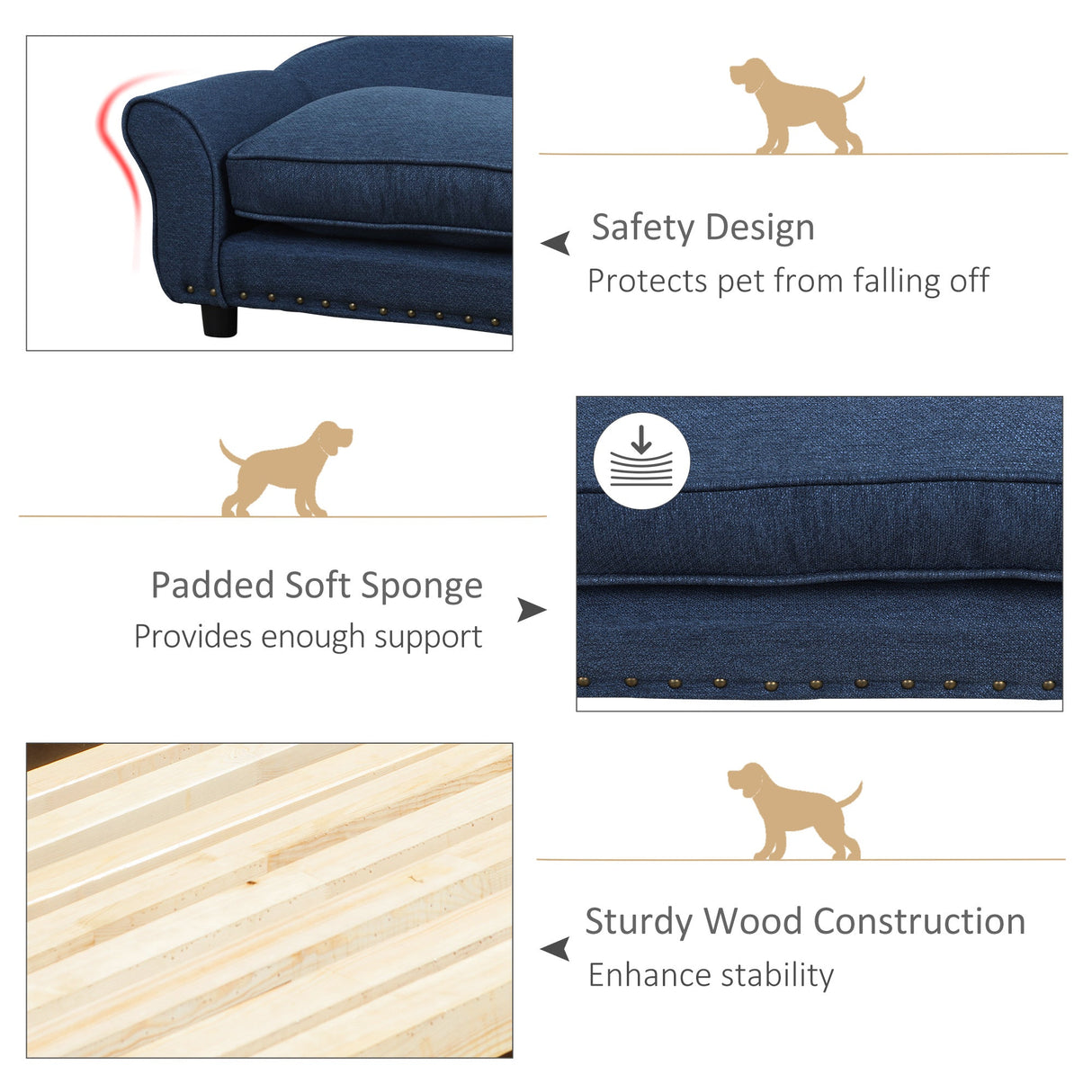 Dog Sofa for XS and S-Size Dogs with Thick Sponge Padded Cushion, Kitten Lounge Bed with Washable Cover, Wooden Frame, PawHut, Blue