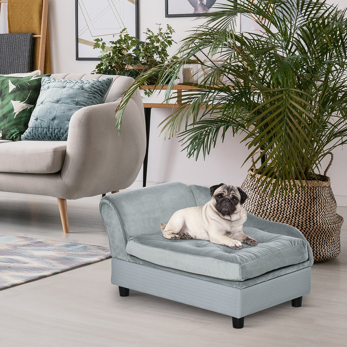 Dog Sofa with Storage, Pet Chair for Small Dogs, Cat Couch with Soft Cushion, Light Blue, 76 x 45 x 41.5 cm, PawHut, Light Blue