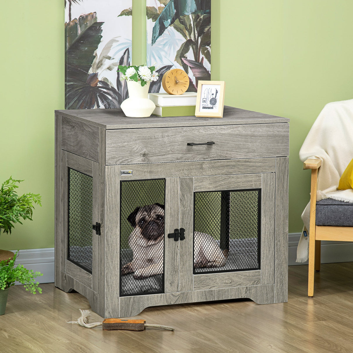 Dual-Door Dog Crate End Table with Drawer, Medium Size - Grey, PawHut,