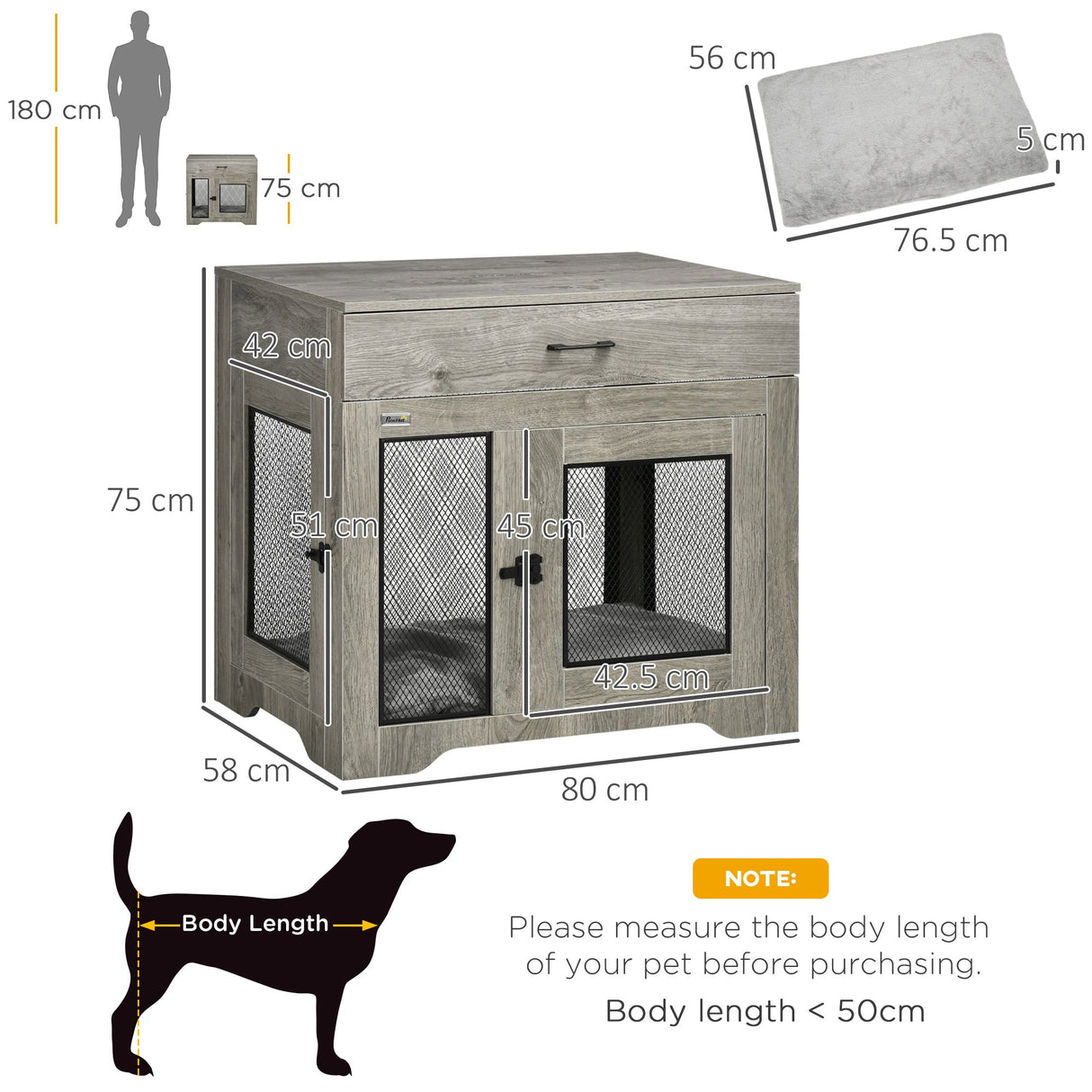 Dual-Door Dog Crate End Table with Drawer, Medium Size - Grey, PawHut,