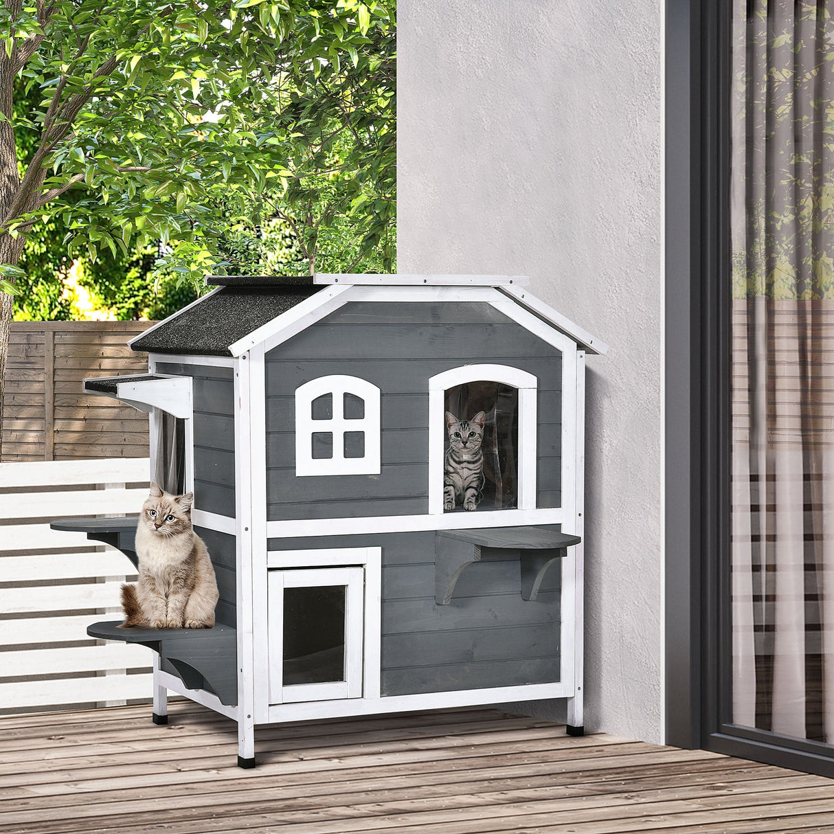 Dual-Level Wooden Cat House, Outdoor-Ready with Asphalt Roof, PawHut, Grey