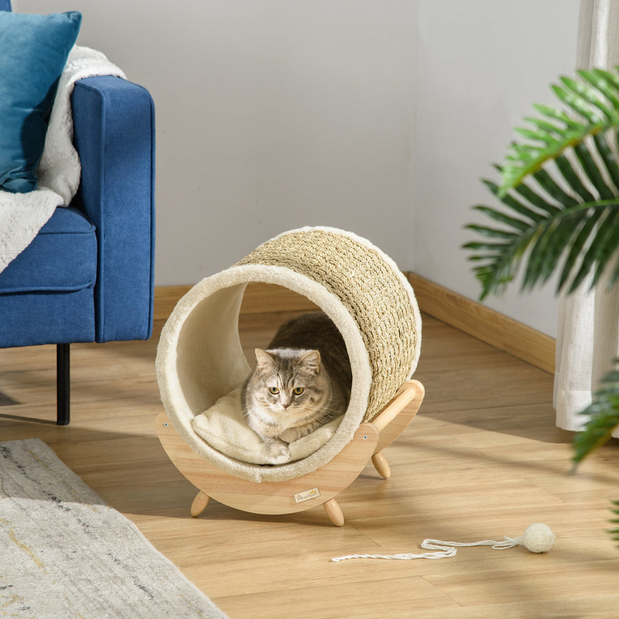 Elevated Cat House, Kitten Bed, Pet Shelter, Wrapped with Scratcher, Soft Cushion, 41 x 38 x 43 cm, Khaki, PawHut,