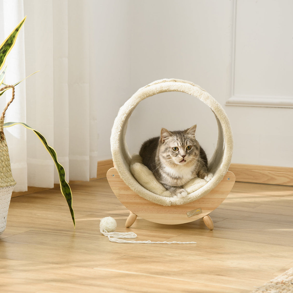 Elevated Cat House, Kitten Bed, Pet Shelter, Wrapped with Scratcher, Soft Cushion, 41 x 38 x 43 cm, Khaki, PawHut,