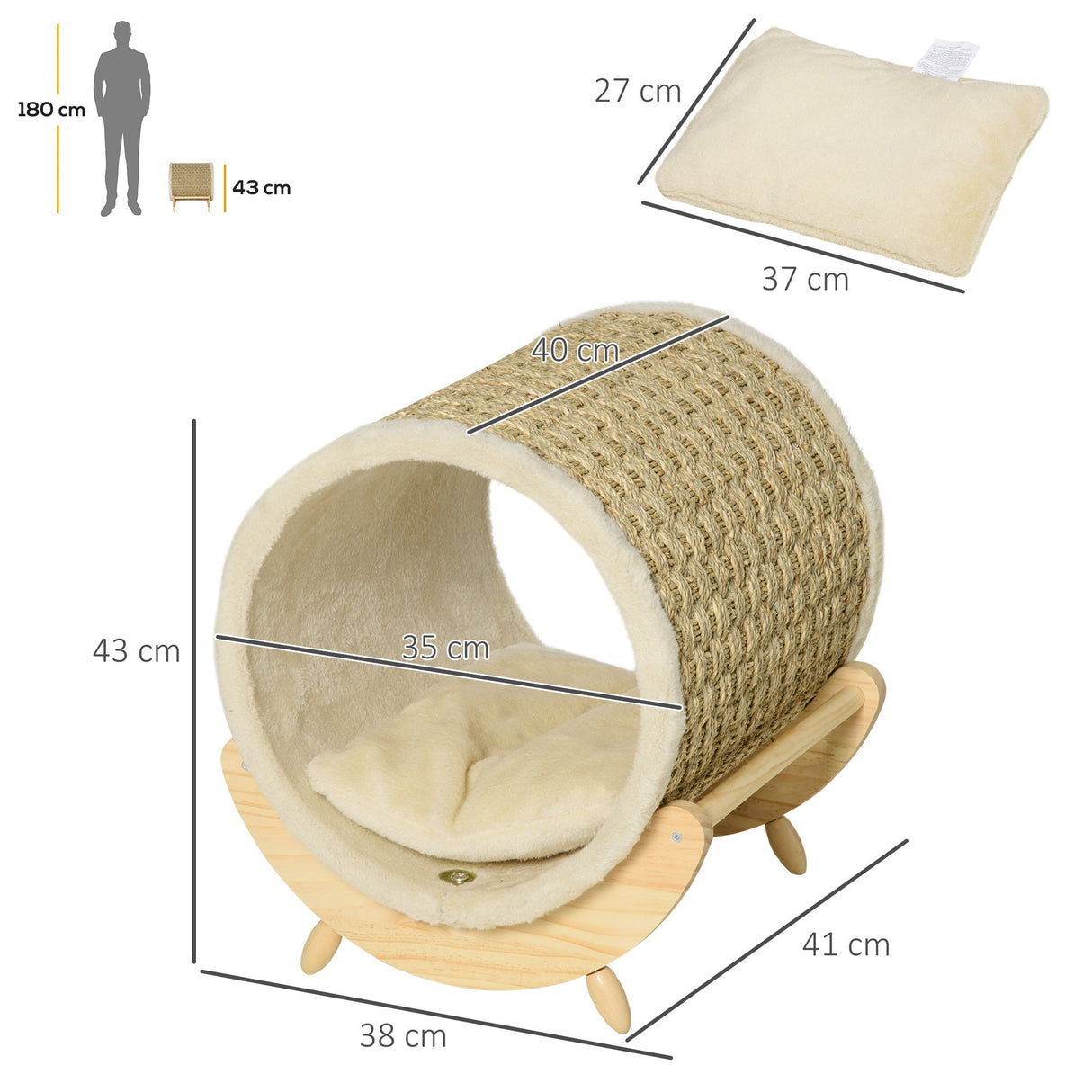 Elevated Cat House, Kitten Bed, Pet Shelter, Wrapped with Scratcher, Soft Cushion, 41 x 38 x 43 cm, Khaki, PawHut,