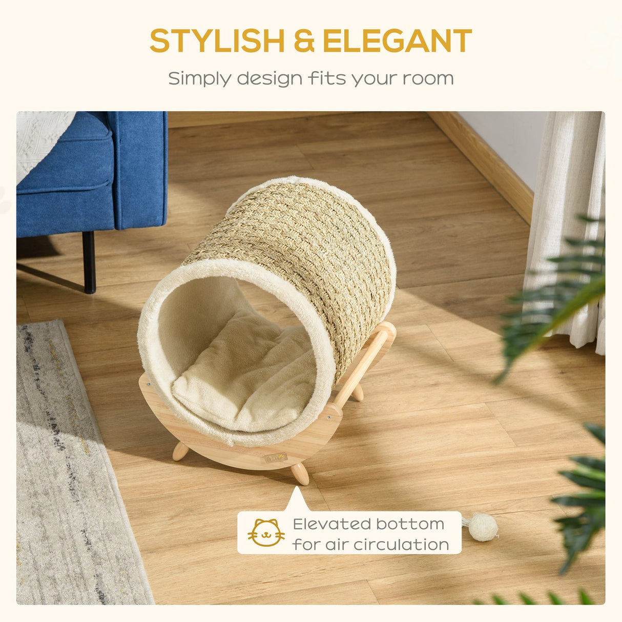 Elevated Cat House, Kitten Bed, Pet Shelter, Wrapped with Scratcher, Soft Cushion, 41 x 38 x 43 cm, Khaki, PawHut,