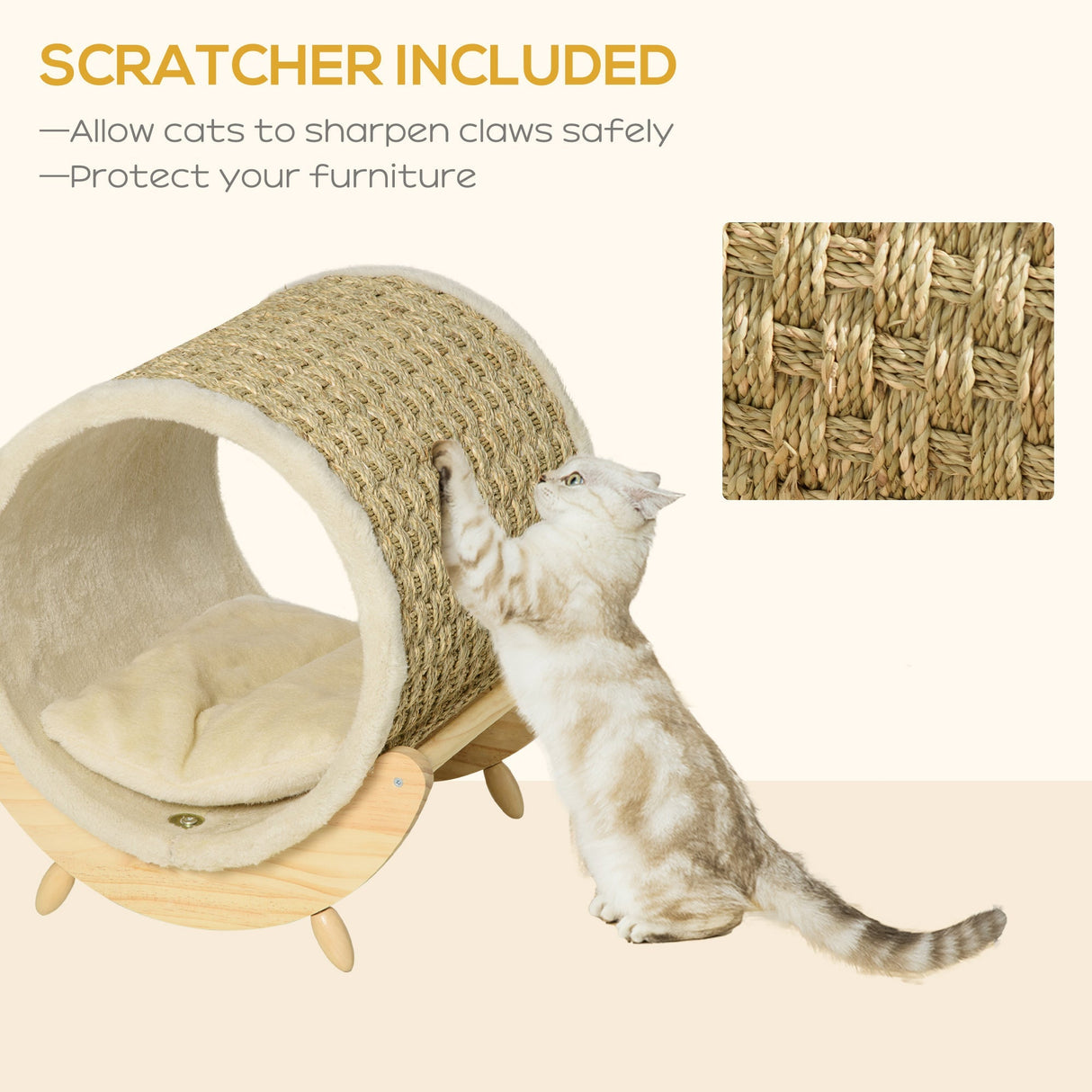 Elevated Cat House, Kitten Bed, Pet Shelter, Wrapped with Scratcher, Soft Cushion, 41 x 38 x 43 cm, Khaki, PawHut,