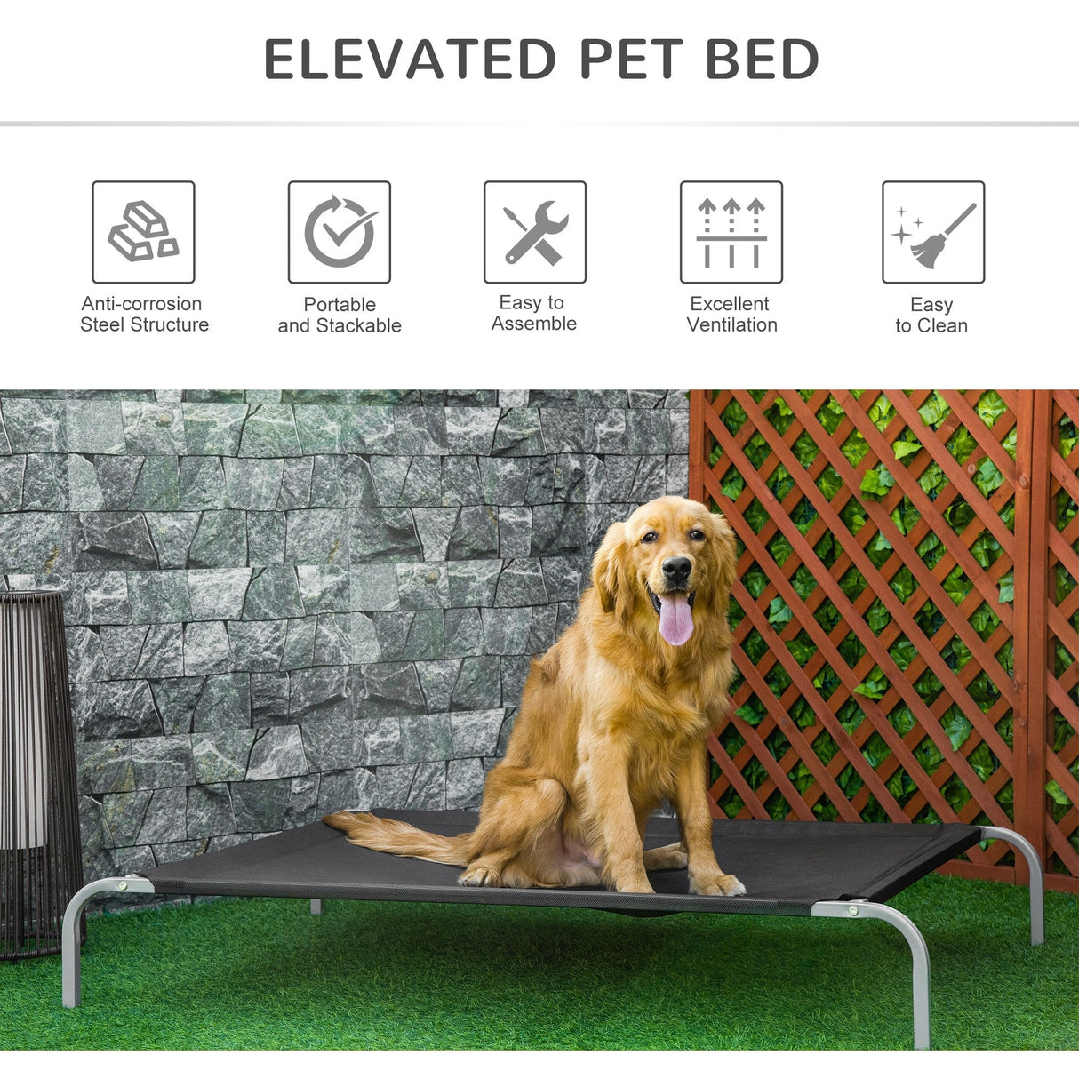 Elevated Pet Bed Cooling for Large Sized Dogs with Non-slip Pads Steel Frame Breathable Mesh Fabric, 130 x 90 x 20 cm, PawHut,