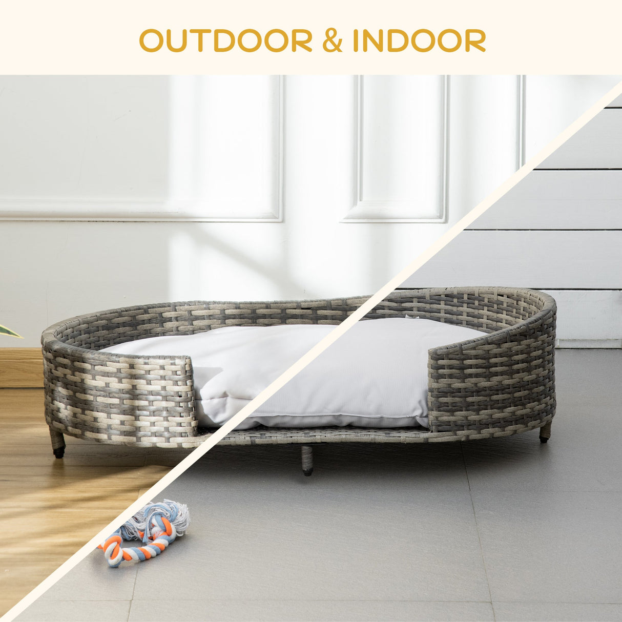 Elevated Wicker Dog Sofa, Rattan Cat Bed Hand Woven with Soft Cushion, Washable Cover, for Medium Dog, 96 x 65 x 29 cm, Grey, PawHut,