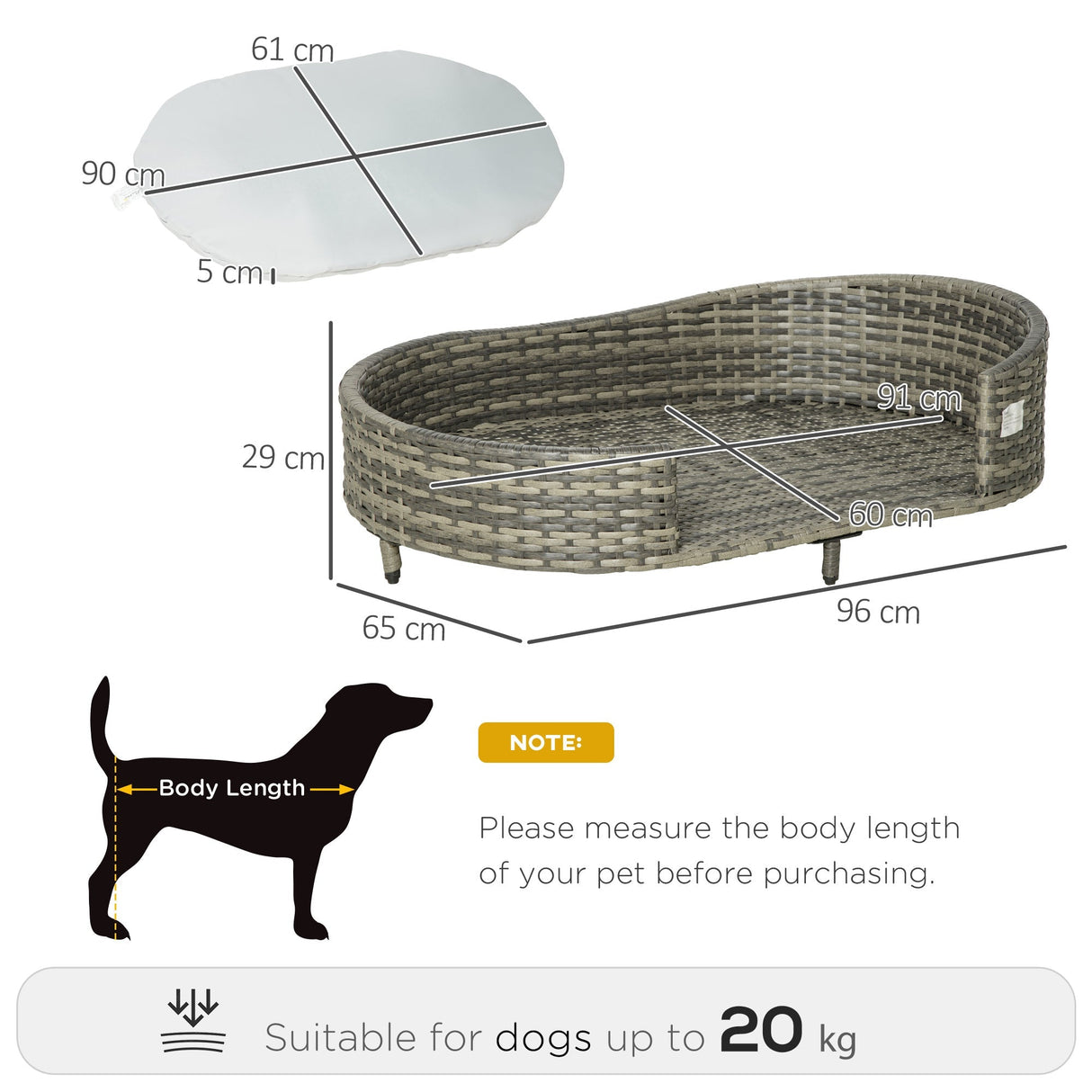 Elevated Wicker Dog Sofa, Rattan Cat Bed Hand Woven with Soft Cushion, Washable Cover, for Medium Dog, 96 x 65 x 29 cm, Grey, PawHut,