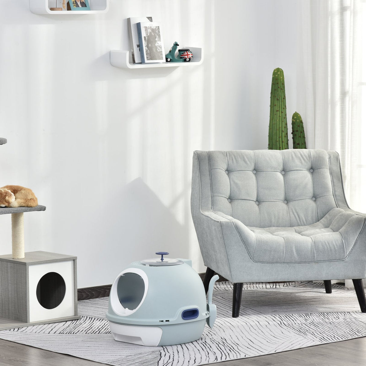 Enclosed Cat Toilet Box with Scoop, Skylight - Easy Clean, PawHut, Tile Blue