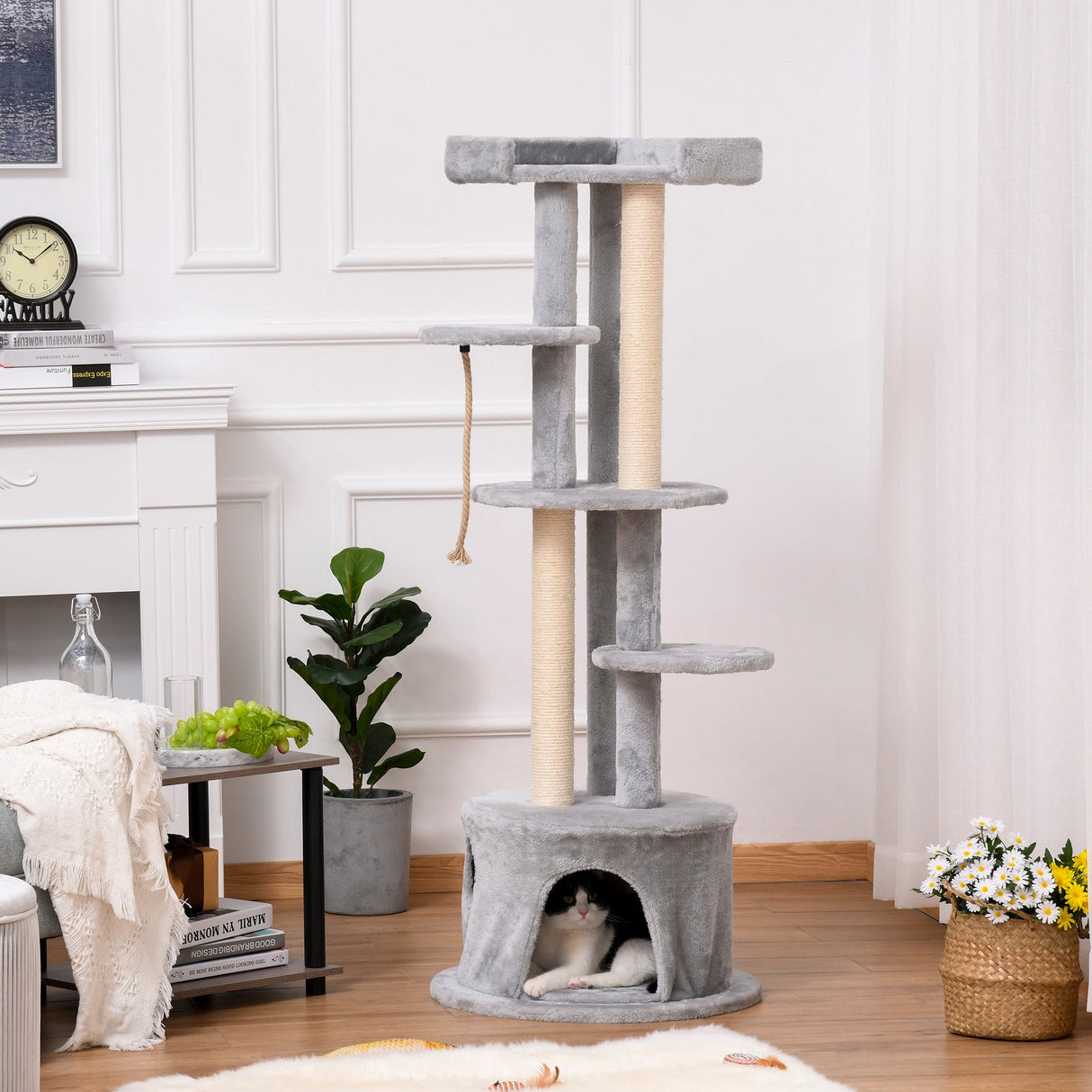 Φ55 x 150H cm Cat Tree Multi-level Kitten Tower w/ Scratching Post Condo Plush Perches Grey, PawHut,