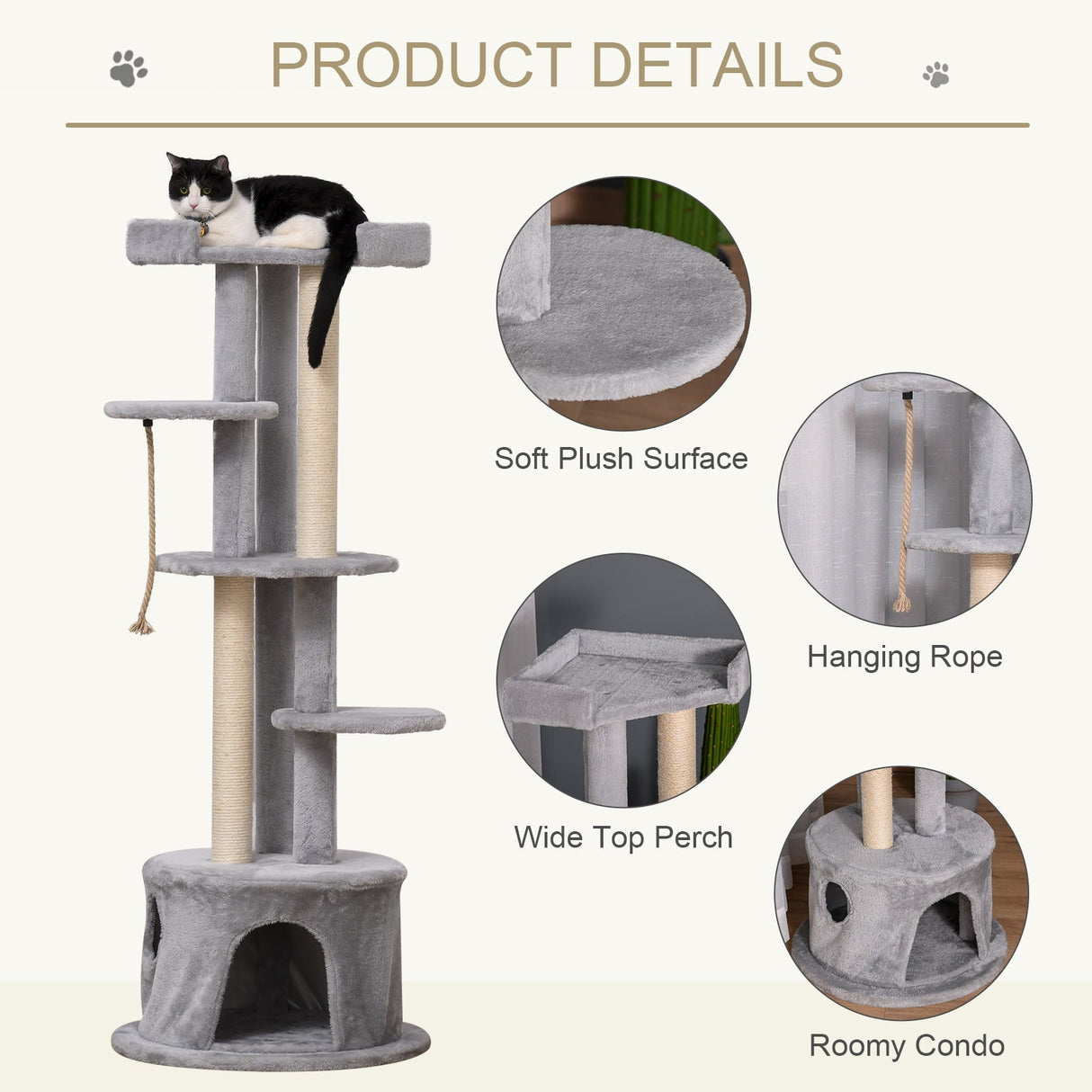 Φ55 x 150H cm Cat Tree Multi-level Kitten Tower w/ Scratching Post Condo Plush Perches Grey, PawHut,