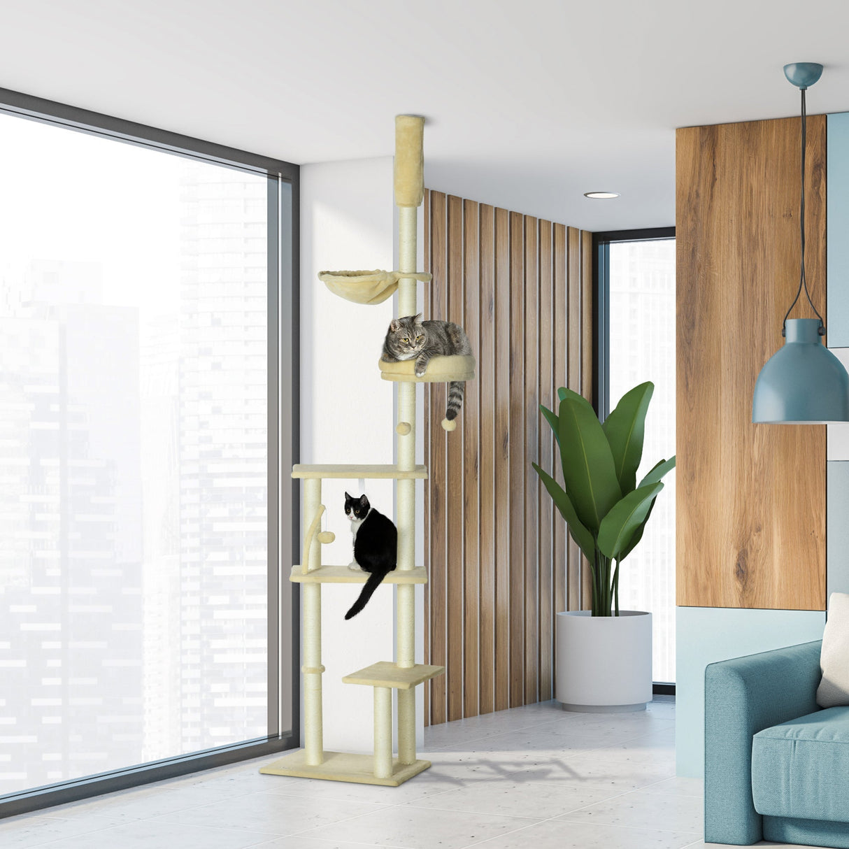 Floor to Ceiling Cat Tree, 6-Tier Play Tower Climbing Activity Center w/ Scratching Post, Hammock, Adjustable Height 230-250cm, PawHut, Beige