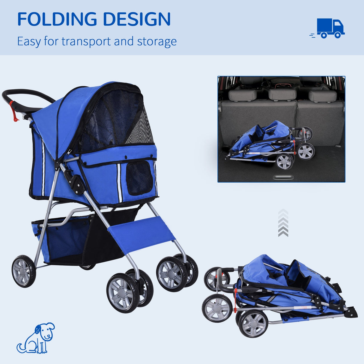 Foldable Mini Dog Stroller with Rain Cover & Cup Holder, PawHut, Blue