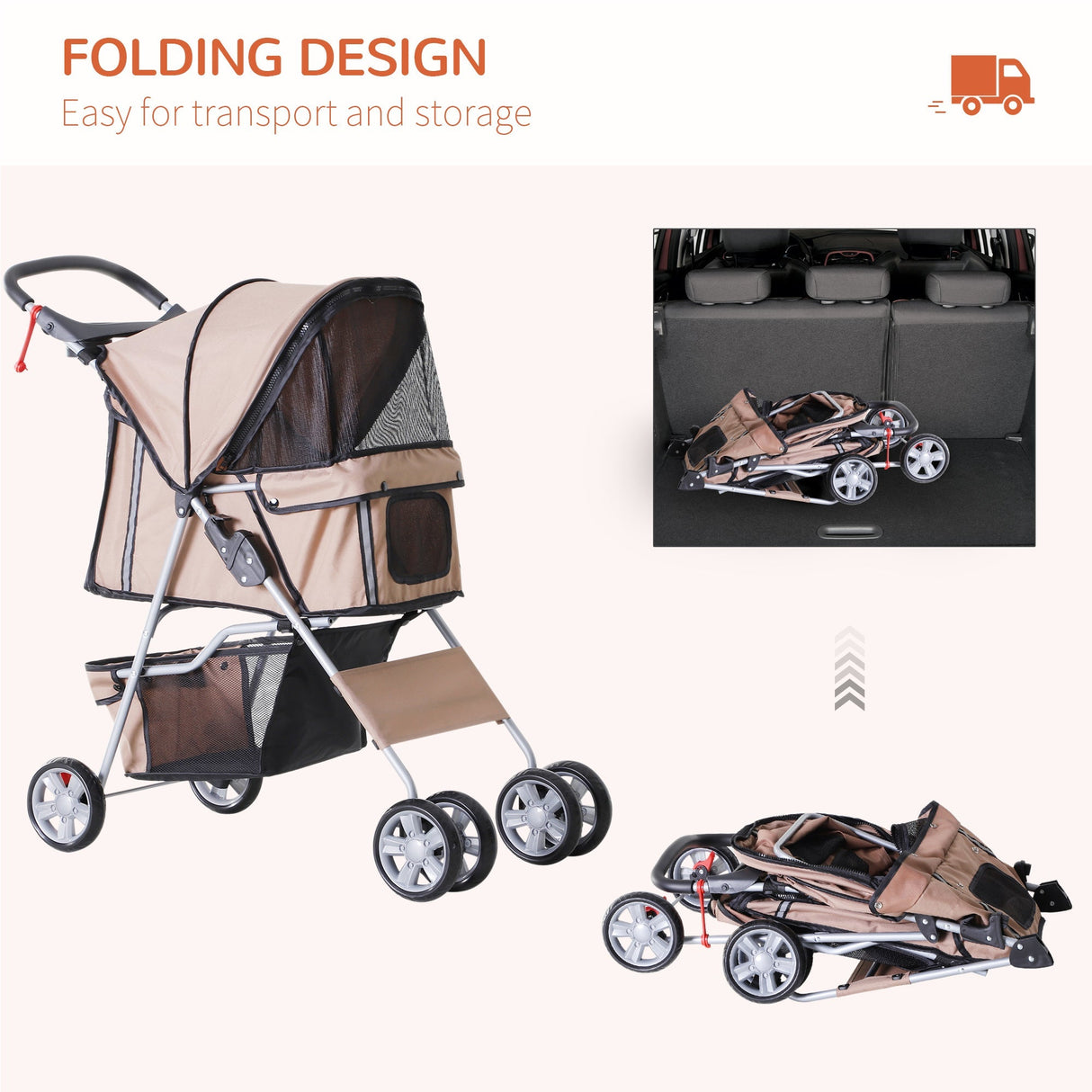 Foldable Mini Dog Stroller with Rain Cover & Cup Holder, PawHut, Brown