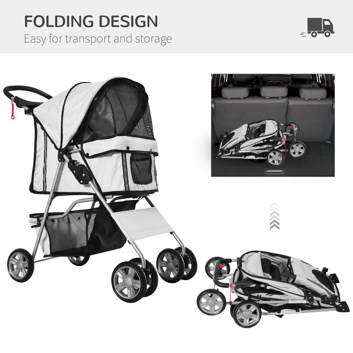Foldable Mini Dog Stroller with Rain Cover & Cup Holder, PawHut, Light Grey