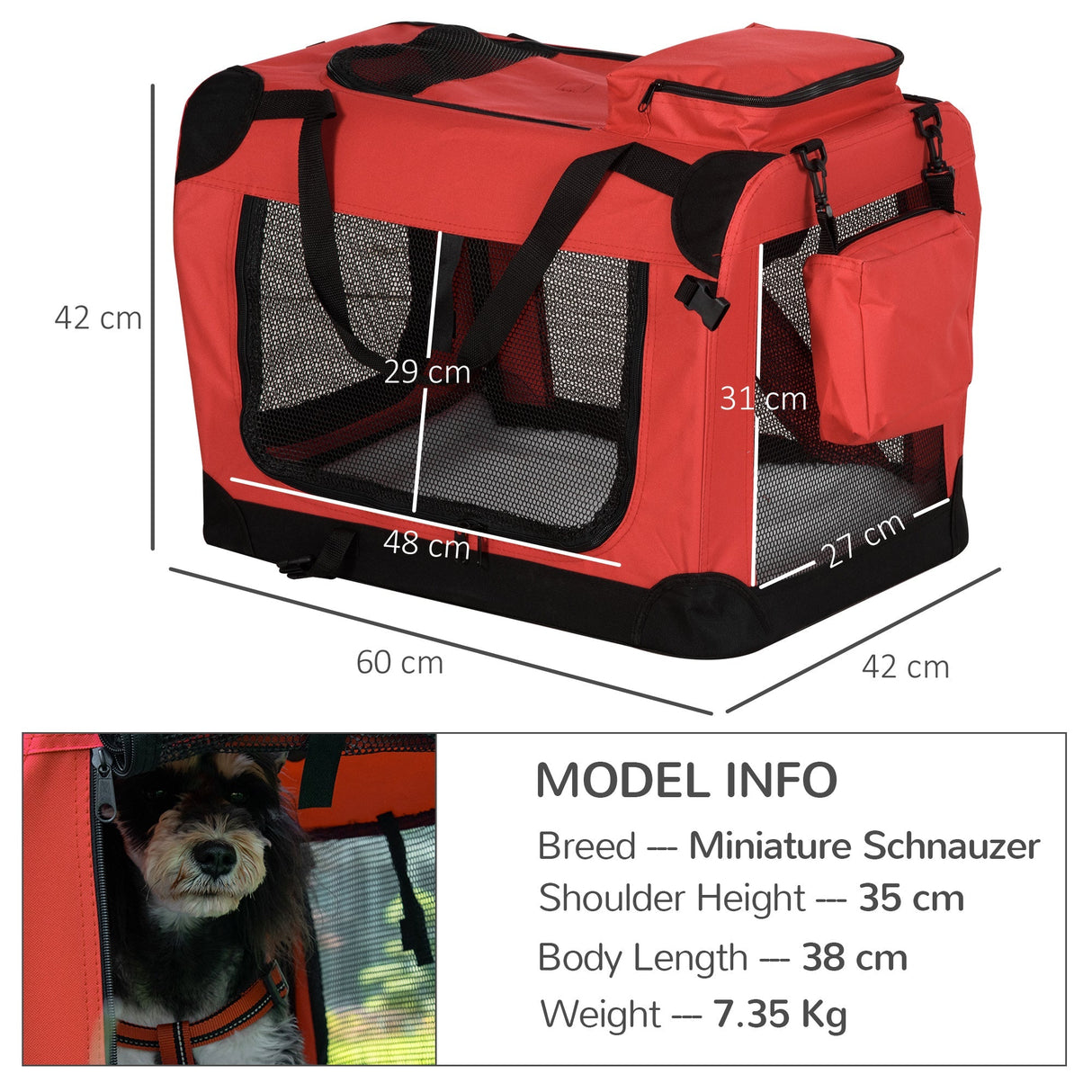 Foldable Red Pet Carrier with Mesh Window - 60x42x42cm, PawHut,
