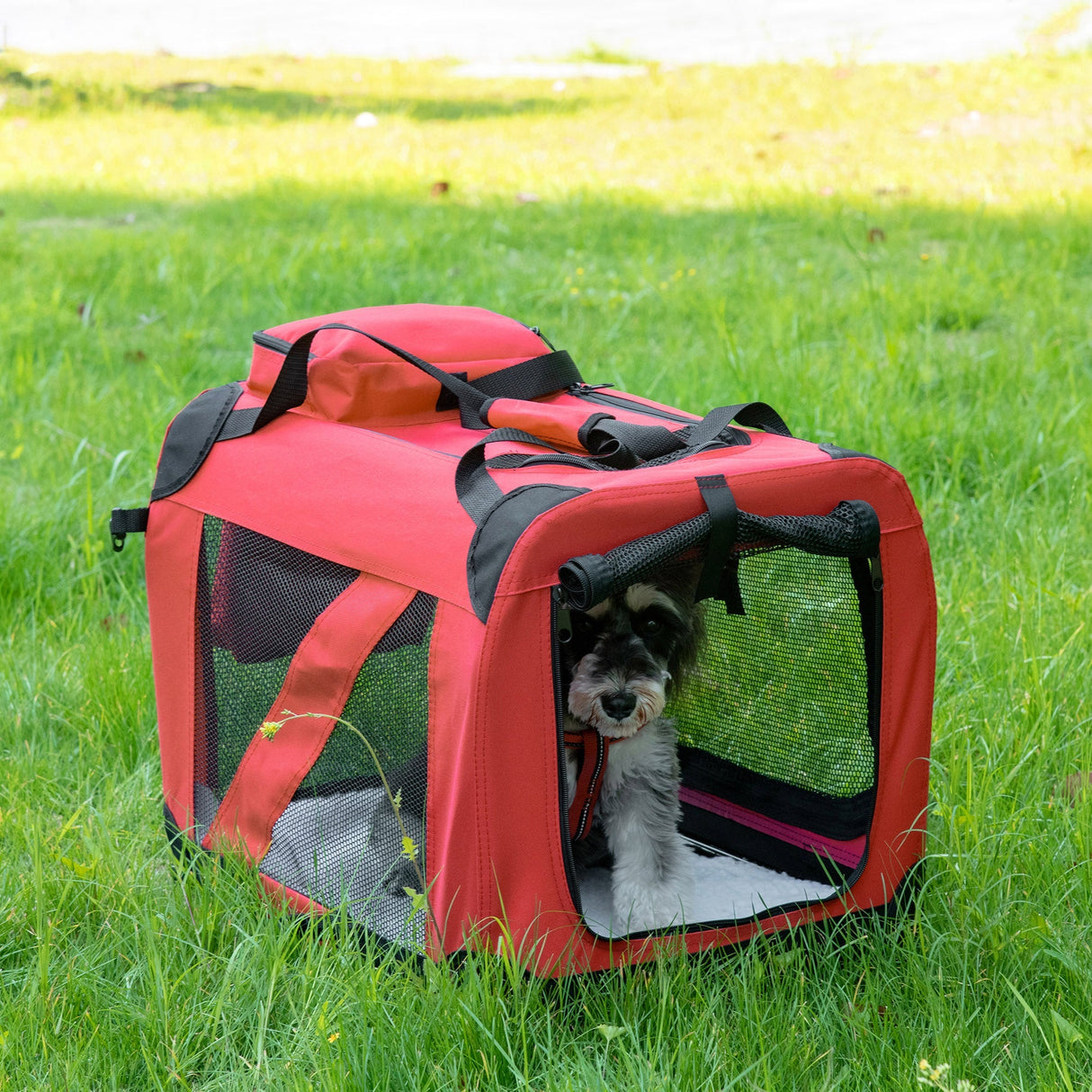 Foldable Red Pet Carrier with Mesh Window - 60x42x42cm, PawHut,