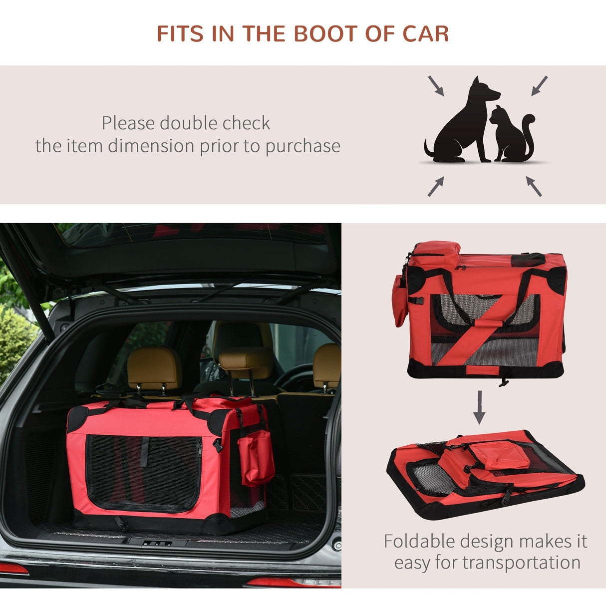 Foldable Red Pet Carrier with Mesh Window - 60x42x42cm, PawHut,