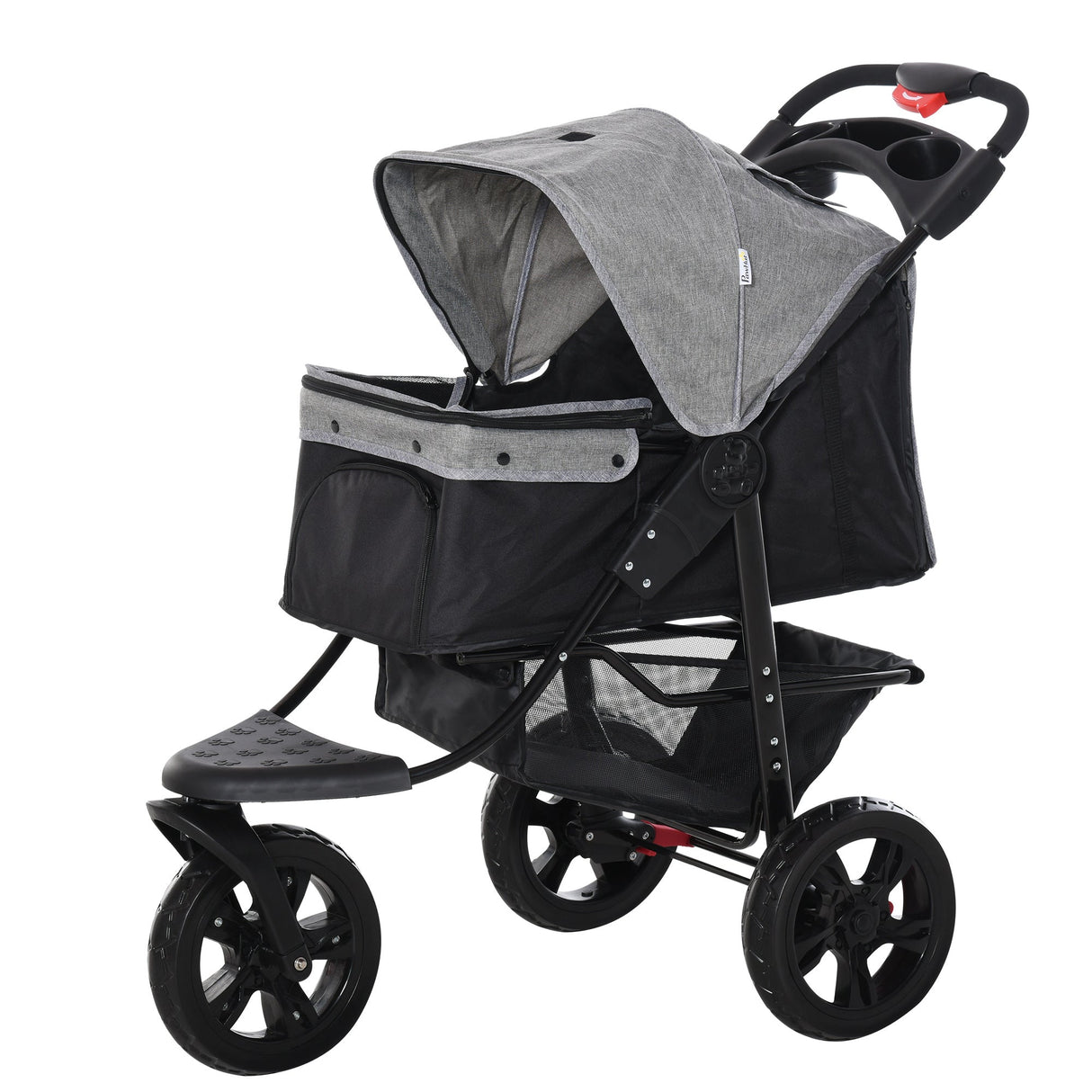 Folding 3 Wheel Dog Pushchair Travel w/ Adjustable Canopy Storage Brake, PawHut, Grey