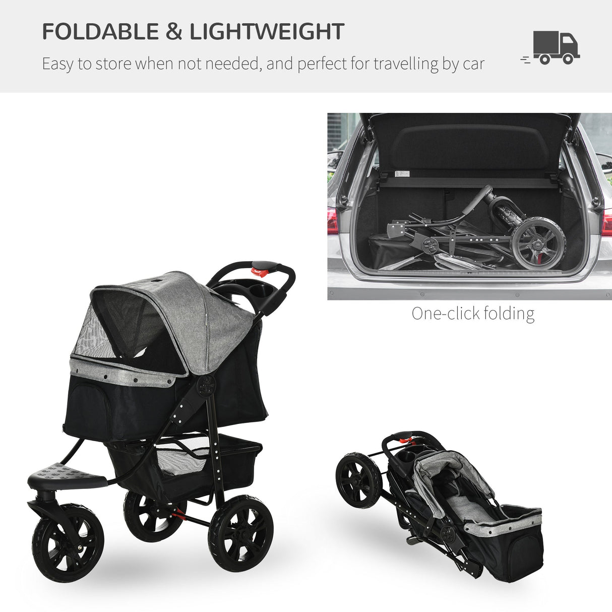 Folding 3 Wheel Dog Pushchair Travel w/ Adjustable Canopy Storage Brake, PawHut, Grey