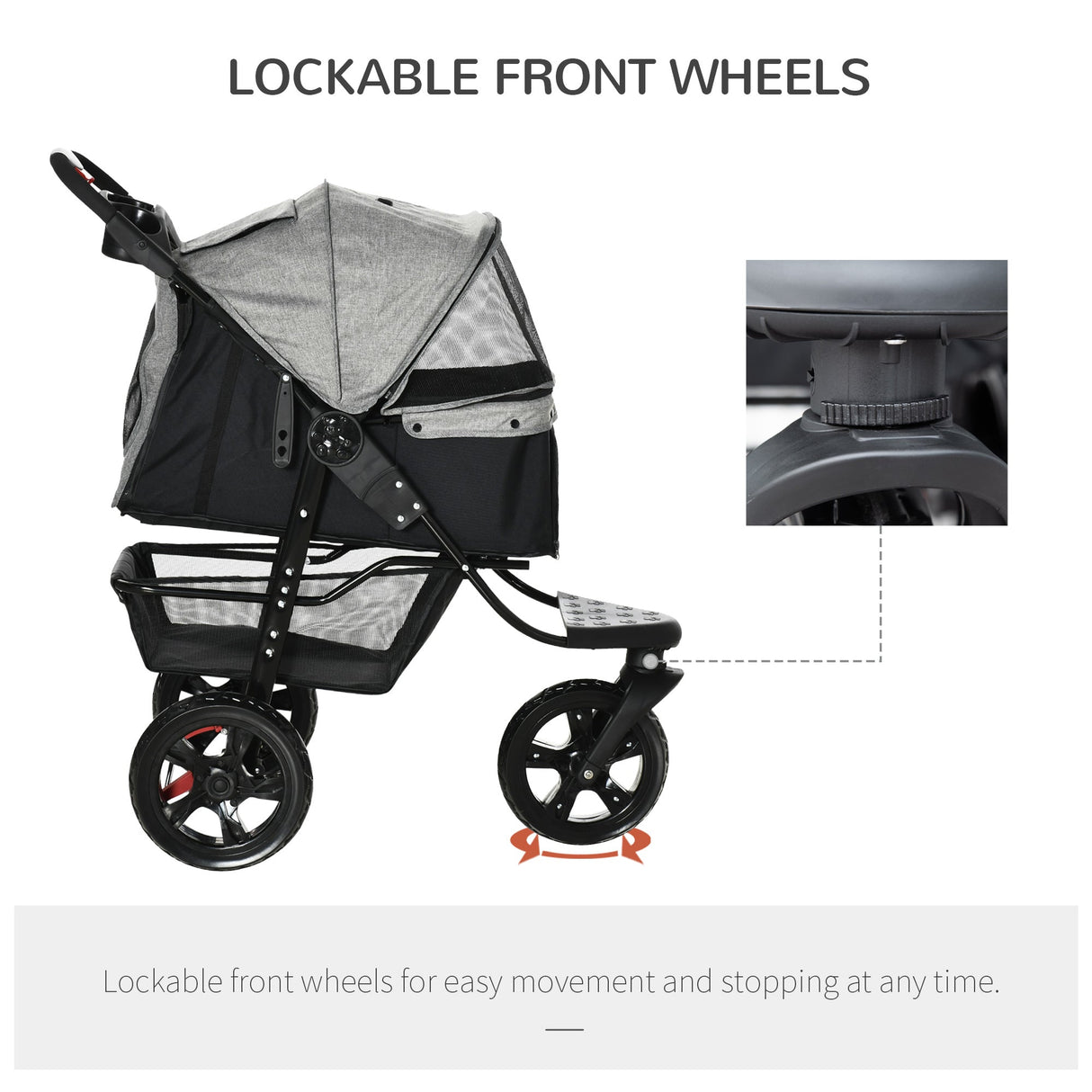 Folding 3 Wheel Dog Pushchair Travel w/ Adjustable Canopy Storage Brake, PawHut, Grey
