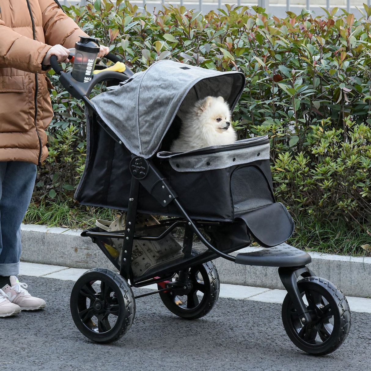Folding 3 Wheel Dog Pushchair Travel w/ Adjustable Canopy Storage Brake, PawHut, Grey