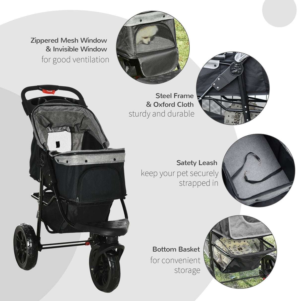 Folding 3 Wheel Dog Pushchair Travel w/ Adjustable Canopy Storage Brake, PawHut, Grey