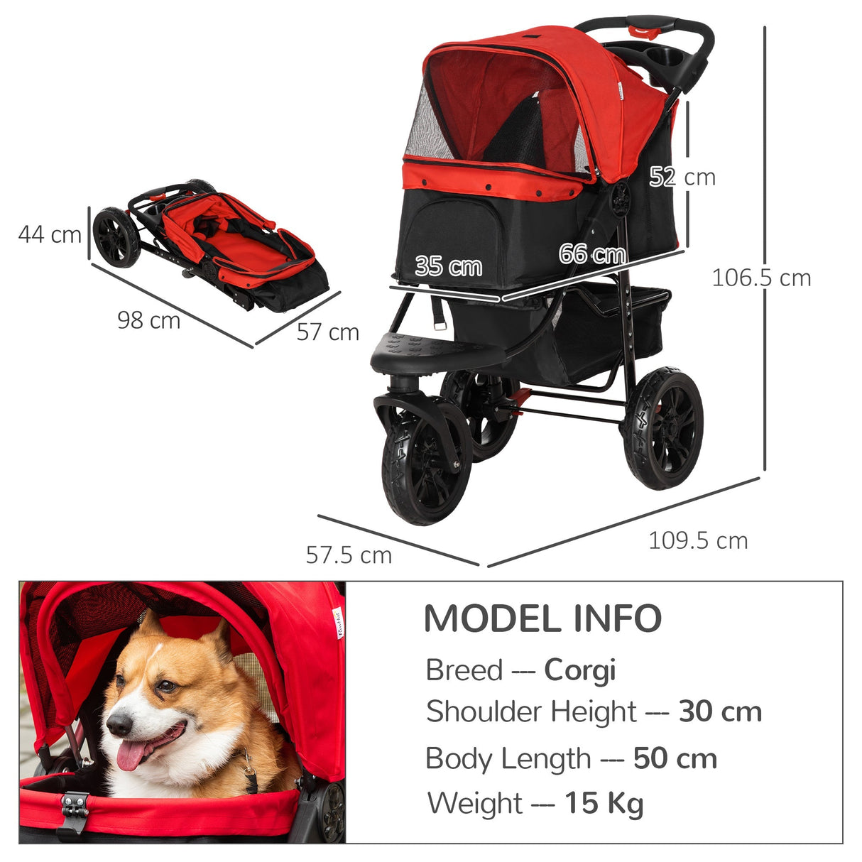 Folding 3 Wheel Dog Pushchair Travel w/ Adjustable Canopy Storage Brake, PawHut, Red